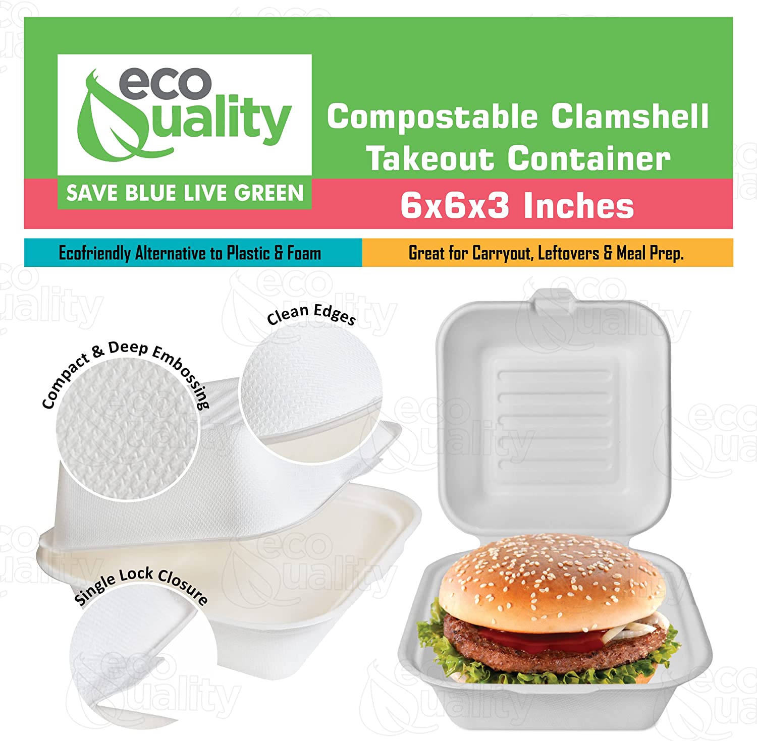 wax tree free Tree Free carryout leftover mealprep foam plastic alternative Grease and Leak Resistant Proof BPA Free Stackable Heavy Duty Microwaveable Freezer Safe burger box Square Hinged Clamshell Restaurants Parties Food Trucks Food Containers Ecofriendly Product Compostable Biodegradable Sugarcane Bagasse Clam Shell Take Out Containers 6x6x3 Take Out To Go Box hot or cold