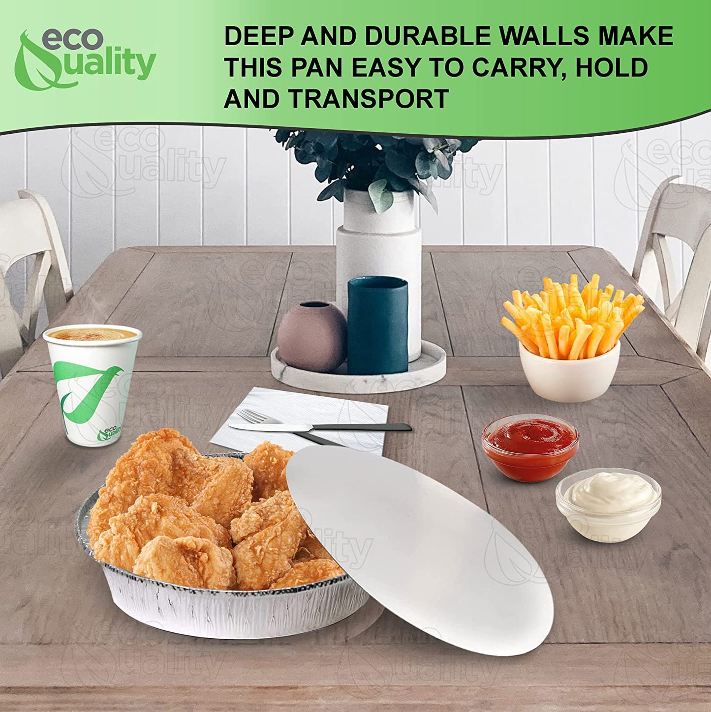 disposable with flat board lid Take out to go container tin stackable round leak proof serve Cold hot food Round Foil Aluminum Pan Restaurant Meal Prep Food Trucks Plastic High Quality Recyclable Aluminum hemmed edges silver heavy duty strong sturdy freezer safe reusable recyclable entrees appetizers sides desserts dinner lunch breakfast Container Caterers Buffet Baking Oven Cake Supplies affordable bulk economical commercial wholesale 9 inches diameter 44 fluid ounces oz