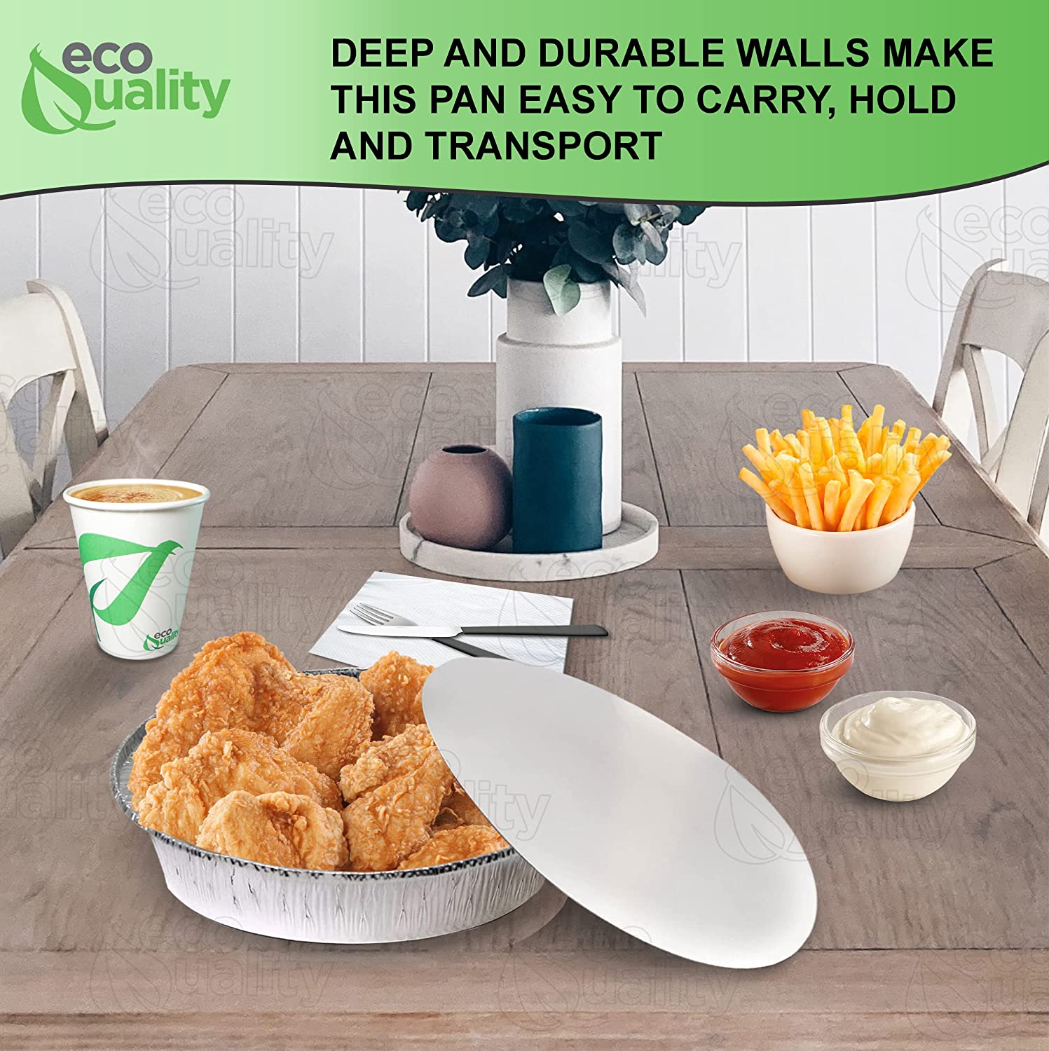 disposable with flat board lid Take out to go container tin stackable round leak proof serve Cold hot food Round Foil Aluminum Pan Restaurant Meal Prep Food Trucks Plastic High Quality Recyclable Aluminum hemmed edges silver heavy duty strong sturdy freezer safe reusable recyclable entrees appetizers sides desserts dinner lunch breakfast Container Caterers Buffet Baking Oven Cake Supplies affordable bulk economical commercial wholesale 9 inches diameter 44 fluid ounces oz