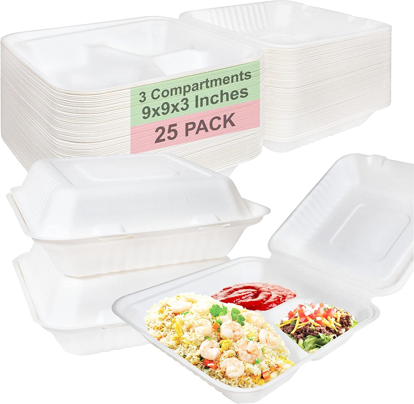 Rice Plates wax tree free Tree Free Stackable Square Hinged Clamshell Restaurants Parties Microwaveable Freezer Safe Heavy Duty Grease and Leak Resistant Proof Food Trucks Food Containers foam plastic alternative Ecofriendly Product Compostable Biodegradable Sugarcane Bagasse Clam Shell Take Out Containers carryout leftover mealprep burger box BPA Free 9x9x3 Take Out To Go Box 3 Compartment Online Store economical