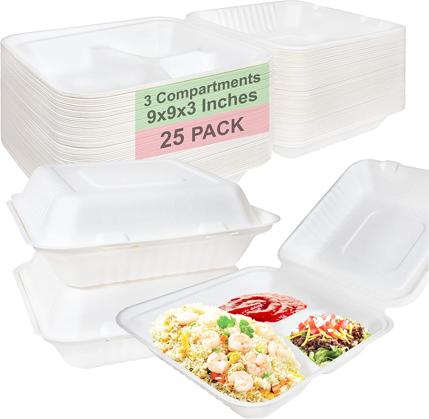 Rice Plates wax tree free Tree Free Stackable Square Hinged Clamshell Restaurants Parties Microwaveable Freezer Safe Heavy Duty Grease and Leak Resistant Proof Food Trucks Food Containers foam plastic alternative Ecofriendly Product Compostable Biodegradable Sugarcane Bagasse Clam Shell Take Out Containers carryout leftover mealprep burger box BPA Free 9x9x3 Take Out To Go Box 3 Compartment Online Store economical