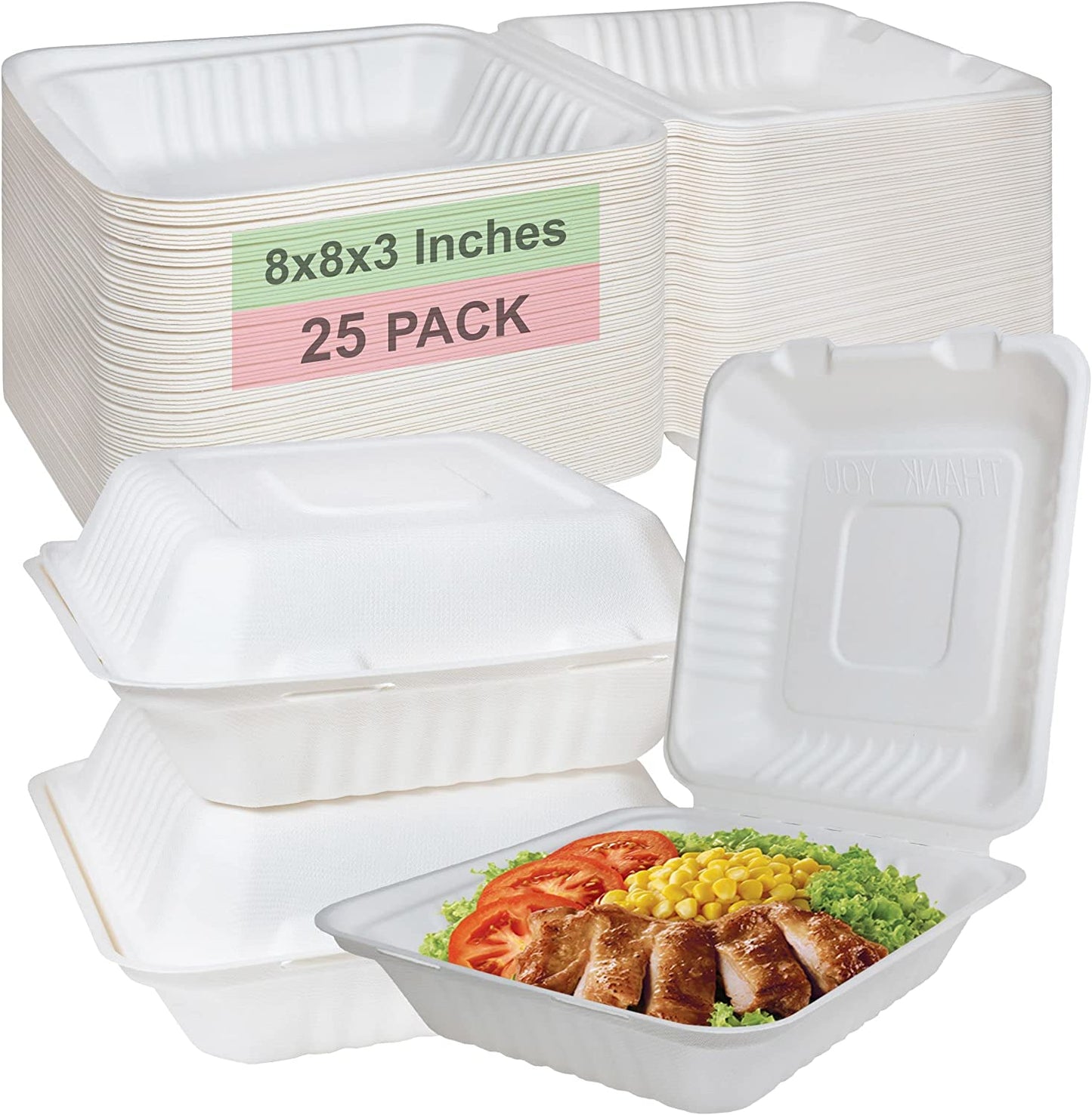 economical  wax tree free  Tree Free  Stackable  Square Hinged Clamshell  Rice Plates  Restaurants  Parties  Microwaveable Freezer Safe  Heavy Duty  Grease and Leak Resistant Proof  Food Trucks Food Containers  foam plastic alternative  Ecofriendly Product  Compostable Biodegradable Sugarcane Bagasse  Clam Shell Take Out Containers  carryout leftover mealprep  burger box  BPA Free  8x8x3 Take Out To Go Box