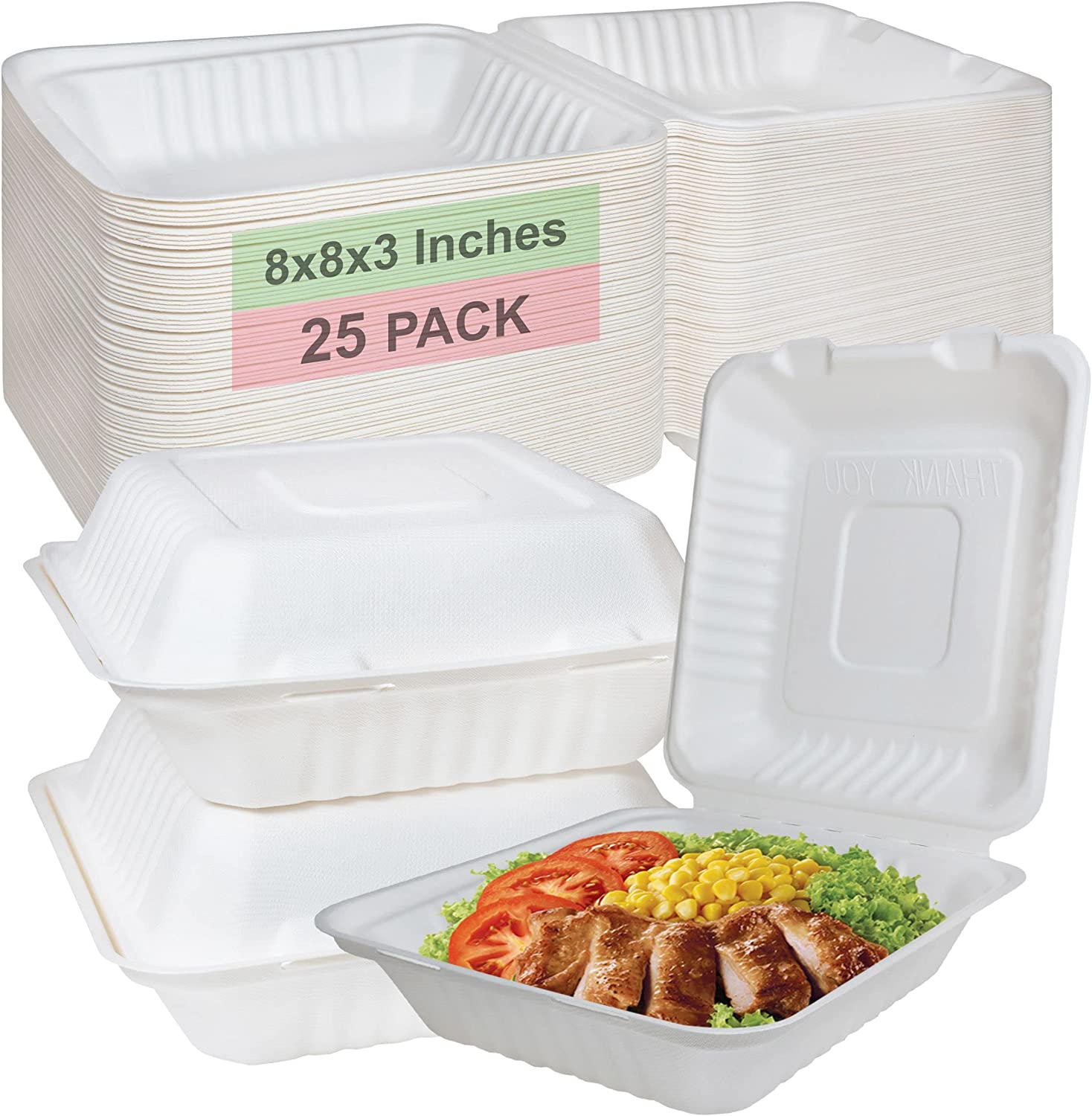 economical  wax tree free  Tree Free  Stackable  Square Hinged Clamshell  Rice Plates  Restaurants  Parties  Microwaveable Freezer Safe  Heavy Duty  Grease and Leak Resistant Proof  Food Trucks Food Containers  foam plastic alternative  Ecofriendly Product  Compostable Biodegradable Sugarcane Bagasse  Clam Shell Take Out Containers  carryout leftover mealprep  burger box  BPA Free  8x8x3 Take Out To Go Box