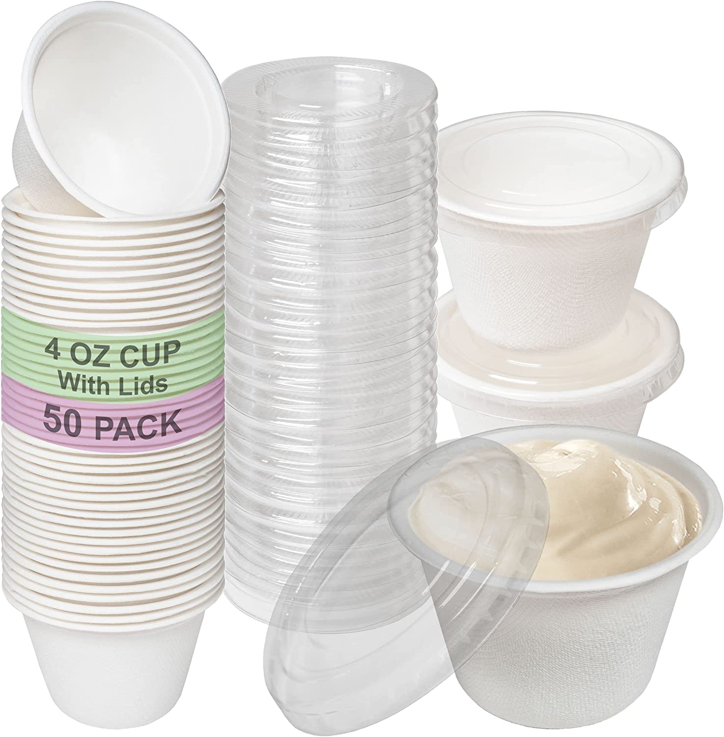 white travel size to go take out delivery souffle small paper small with lid shot cups serving Sauce sample Salad Dressing restaurant fast food Dipping pill Ice Cream mouthwash medicine Measuring leakproof Leak Resistant ketchup mustard hot sauce food packaging solution jello slime Food Storage DIY Disposable Portion Cups with lid condiment Compostable Biodegradable Bagasse Sugarcane artsandcraft