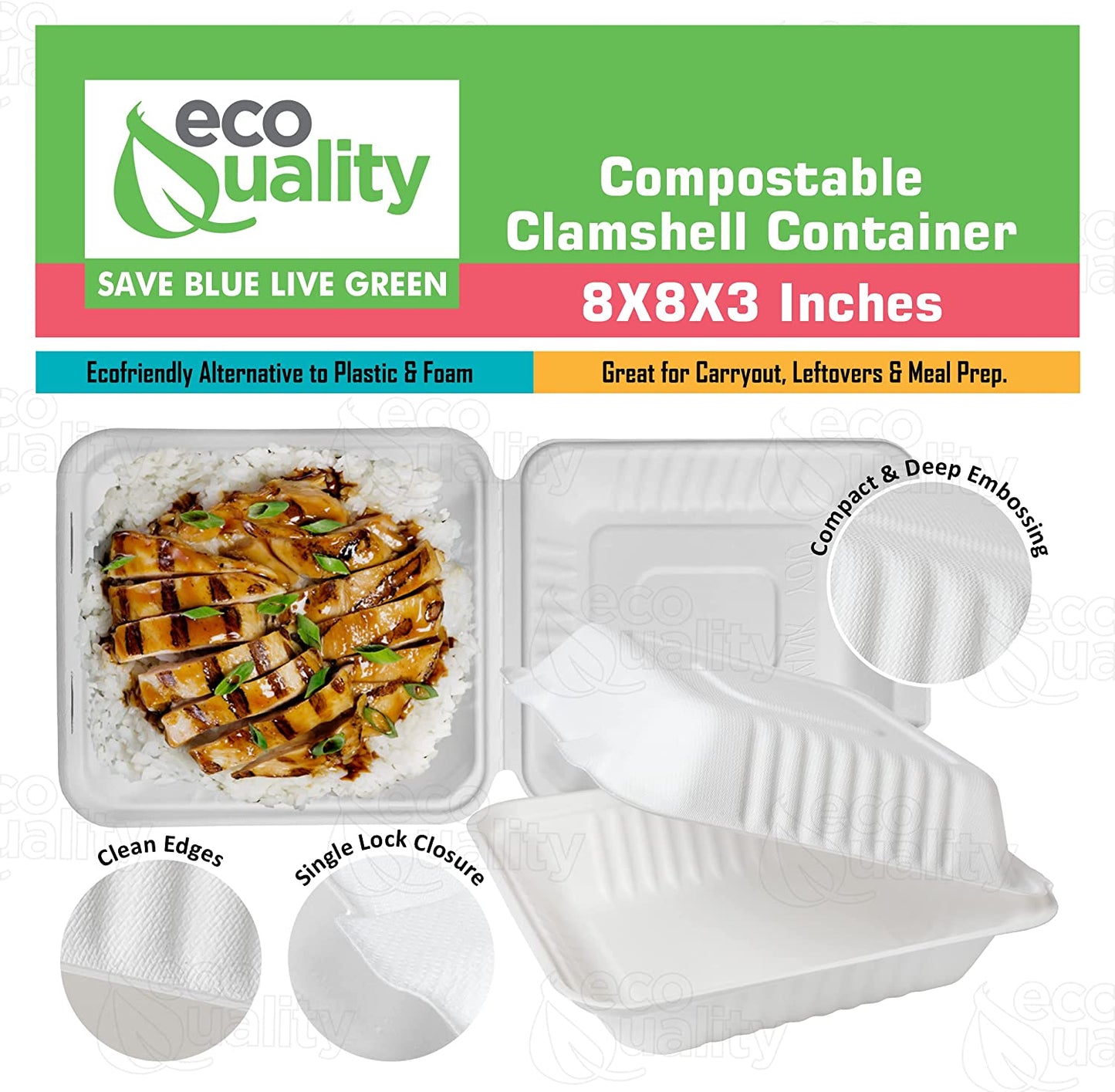 economical  wax tree free  Tree Free  Stackable  Square Hinged Clamshell  Rice Plates  Restaurants  Parties  Microwaveable Freezer Safe  Heavy Duty  Grease and Leak Resistant Proof  Food Trucks Food Containers  foam plastic alternative  Ecofriendly Product  Compostable Biodegradable Sugarcane Bagasse  Clam Shell Take Out Containers  carryout leftover mealprep  burger box  BPA Free  8x8x3 Take Out To Go Box