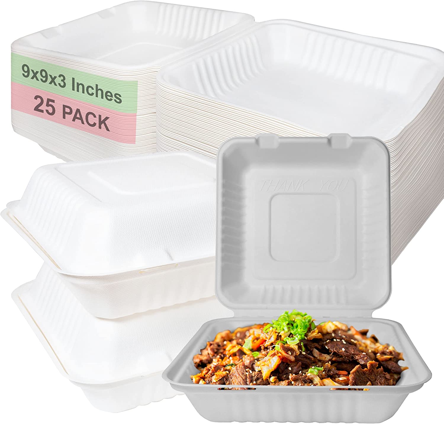 economical  wax tree free  Tree Free  Stackable  Square Hinged Clamshell  Rice Plates  Restaurants  Parties  Microwaveable Freezer Safe  Heavy Duty  Grease and Leak Resistant Proof  Food Trucks Food Containers  foam plastic alternative  Ecofriendly Product  Compostable Biodegradable Sugarcane Bagasse  Clam Shell Take Out Containers  carryout leftover mealprep  burger box  BPA Free  8x8x3 Take Out To Go Box