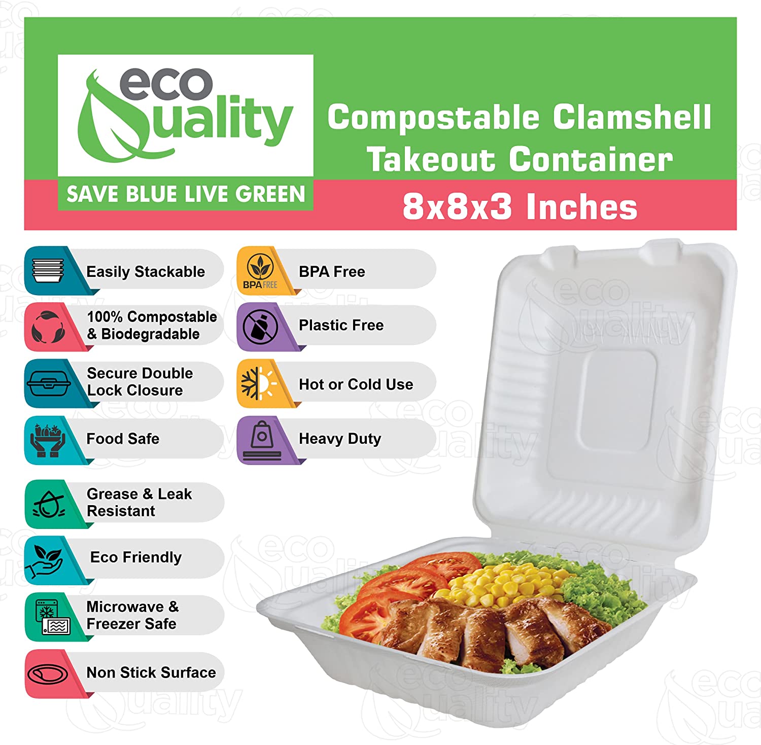 economical  wax tree free  Tree Free  Stackable  Square Hinged Clamshell  Rice Plates  Restaurants  Parties  Microwaveable Freezer Safe  Heavy Duty  Grease and Leak Resistant Proof  Food Trucks Food Containers  foam plastic alternative  Ecofriendly Product  Compostable Biodegradable Sugarcane Bagasse  Clam Shell Take Out Containers  carryout leftover mealprep  burger box  BPA Free  8x8x3 Take Out To Go Box
