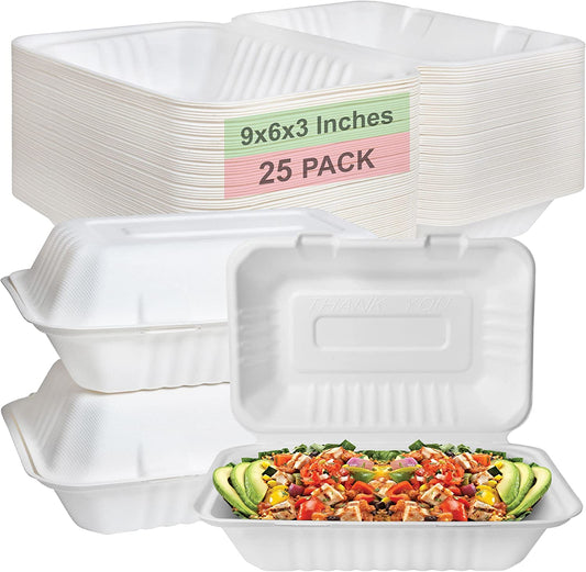 1 Compartment  9x6x3 Take Out To Go Box  wax tree free  Tree Free  Stackable  Square Hinged Clamshell  Restaurants  Parties  Microwaveable Freezer Safe  Heavy Duty  Grease and Leak Resistant Proof  Food Trucks Food Containers  foam plastic alternative  Ecofriendly Product  Compostable Biodegradable Sugarcane Bagasse  Clam Shell Take Out Containers  carryout leftover mealprep  burger box  BPA Free economical 