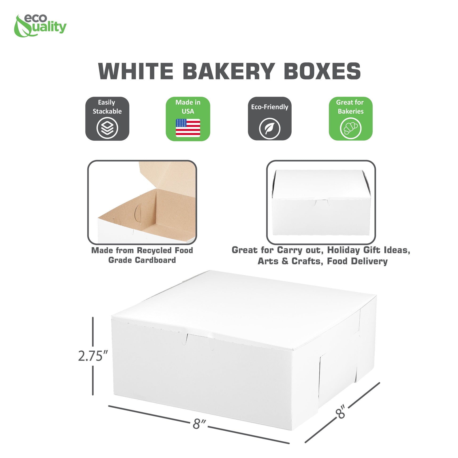 8 x 8 x 2.75 Inches White Kraft Paperboard for Home or Retail White Bakery Pastry Boxes Restaurant Food Trucks Caterers take out sustainable Recyclable for Pastries Pies Paper Cardboard Gift Box Ecofriendly Cookies Catering Restaurant Cafe Buffet Event Party Cakes Baby Shower affordable bulk economical commercial wholesale