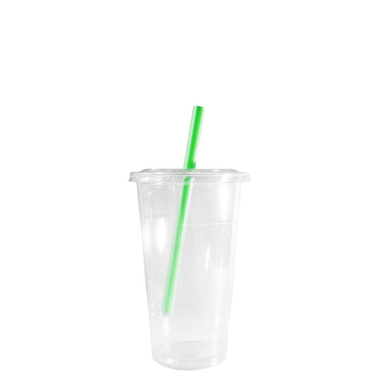 Disposable Pet Clear Plastic Smoothie Cups with Clear Flat Lids and Color Straws