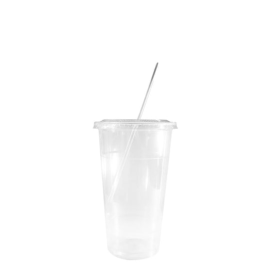 Disposable Pet Clear Plastic Smoothie Cups with Clear Flat Lids and White Straws