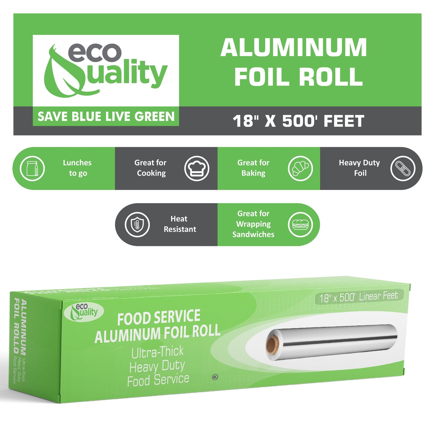 EcoQuality Heavy Duty Food Service Aluminum Foil Roll (18" x 500') with Sturdy Corrugated Cutter Box Perfect for Commercial & Home Use