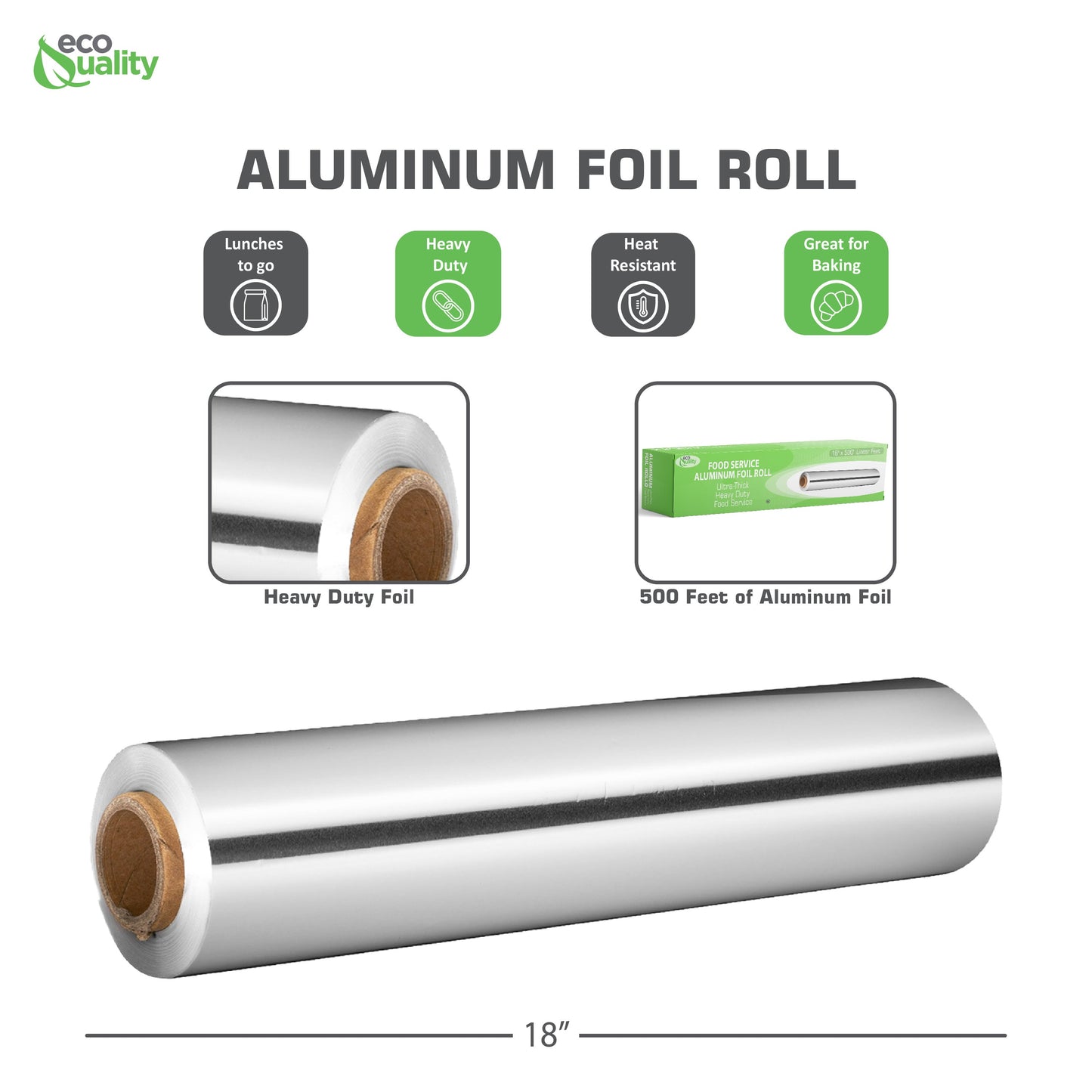 EcoQuality Heavy Duty Food Service Aluminum Foil Roll (18" x 500') with Sturdy Corrugated Cutter Box Perfect for Commercial & Home Use