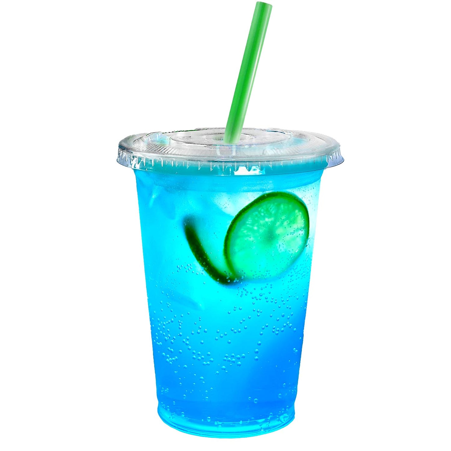 16oz Disposable Pet Clear Plastic Smoothie Cups with Clear Flat Lids and Color Straws