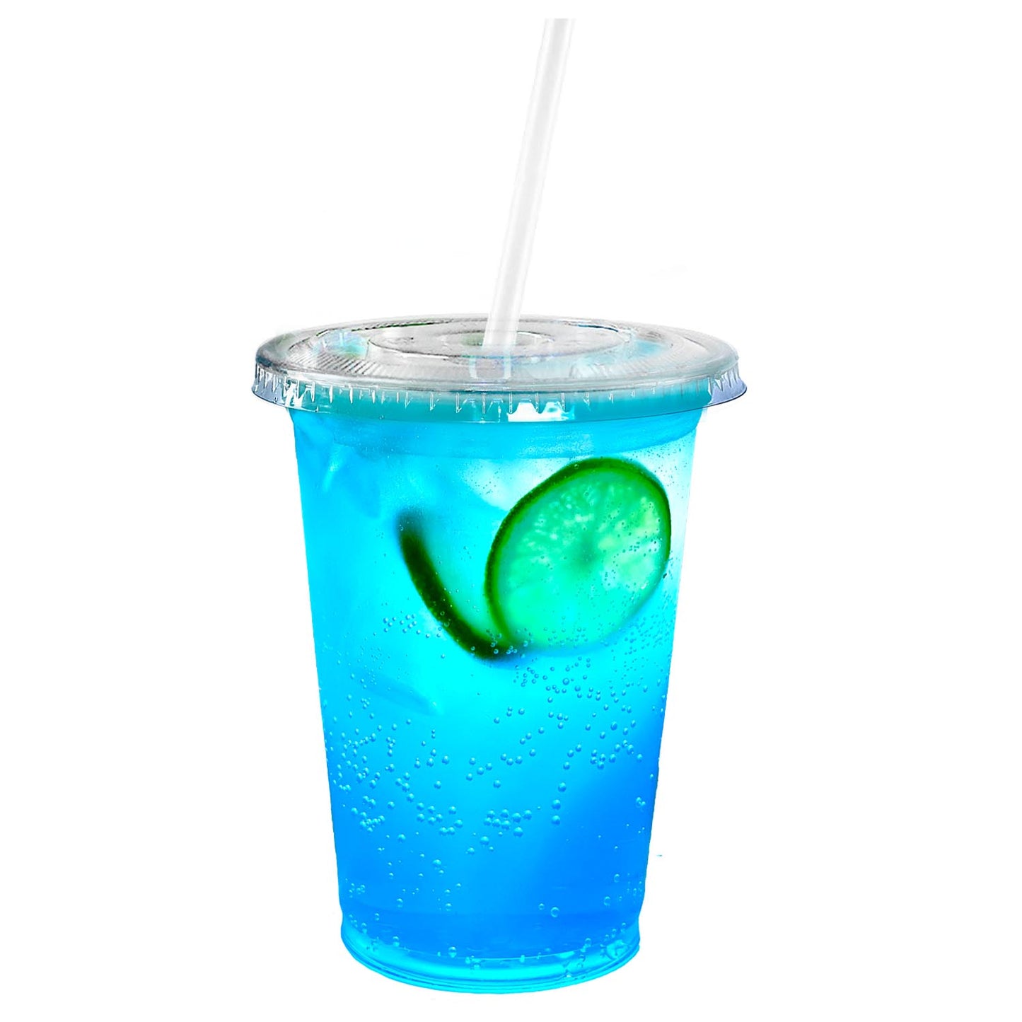 16oz Disposable Pet Clear Plastic Smoothie Cups with Clear Flat Lids and White Straws