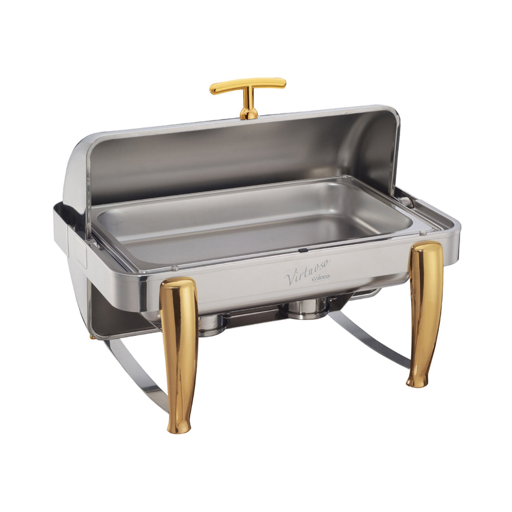 An 8 quart full size Virtuoso extra heavyweight chafer consisting of a rectangular polished stainless steel chafer with roll top lid and a sturdy frame. The chafer is set up with a water pan, food pan, and fuel holders for maintaining consistent temperature and keeping food warm. The chafer is ideal for catering or large scale buffet events