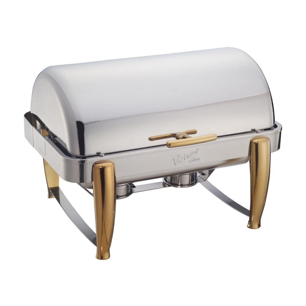 An 8 quart full size Virtuoso extra heavyweight chafer consisting of a rectangular polished stainless steel chafer with roll top lid and a sturdy frame. The chafer is set up with a water pan, food pan, and fuel holders for maintaining consistent temperature and keeping food warm. The chafer is ideal for catering or large scale buffet events