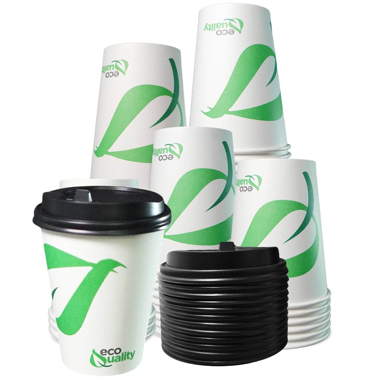 12oz Disposable Compostable Biodegradable White Paper Coffee Cups with Black Dome Lids
