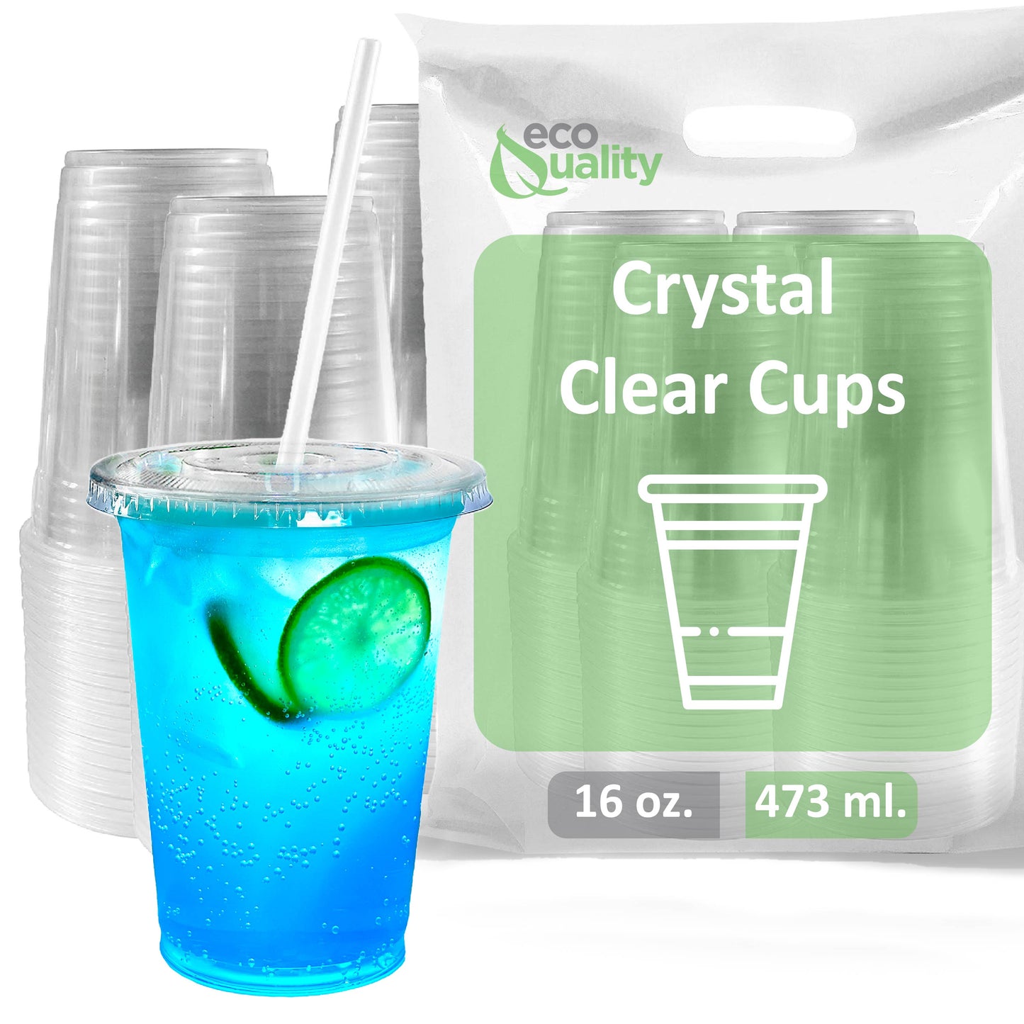 16oz Disposable Pet Clear Plastic Smoothie Cups with Clear Flat Lids and White Straws