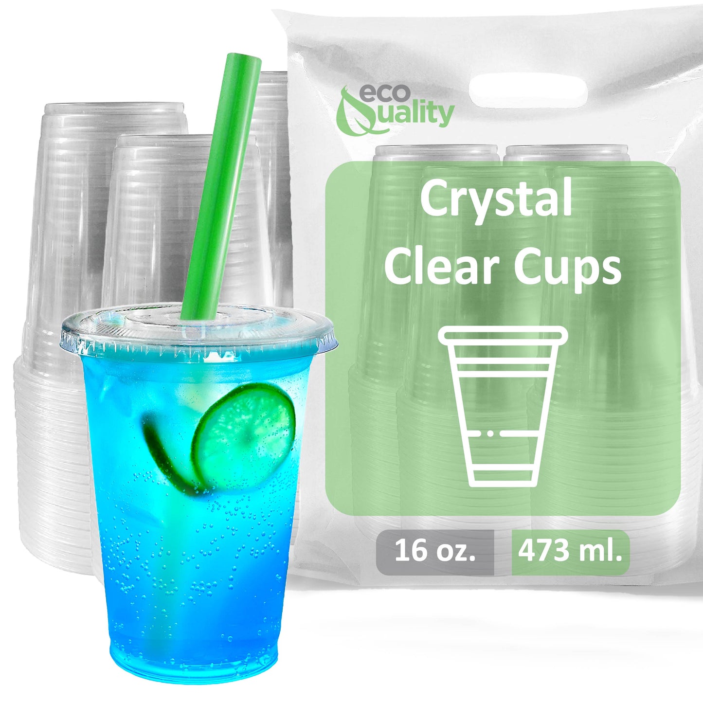 16oz Disposable Pet Clear Plastic Smoothie Cups with Clear Flat Lids and Color Straws