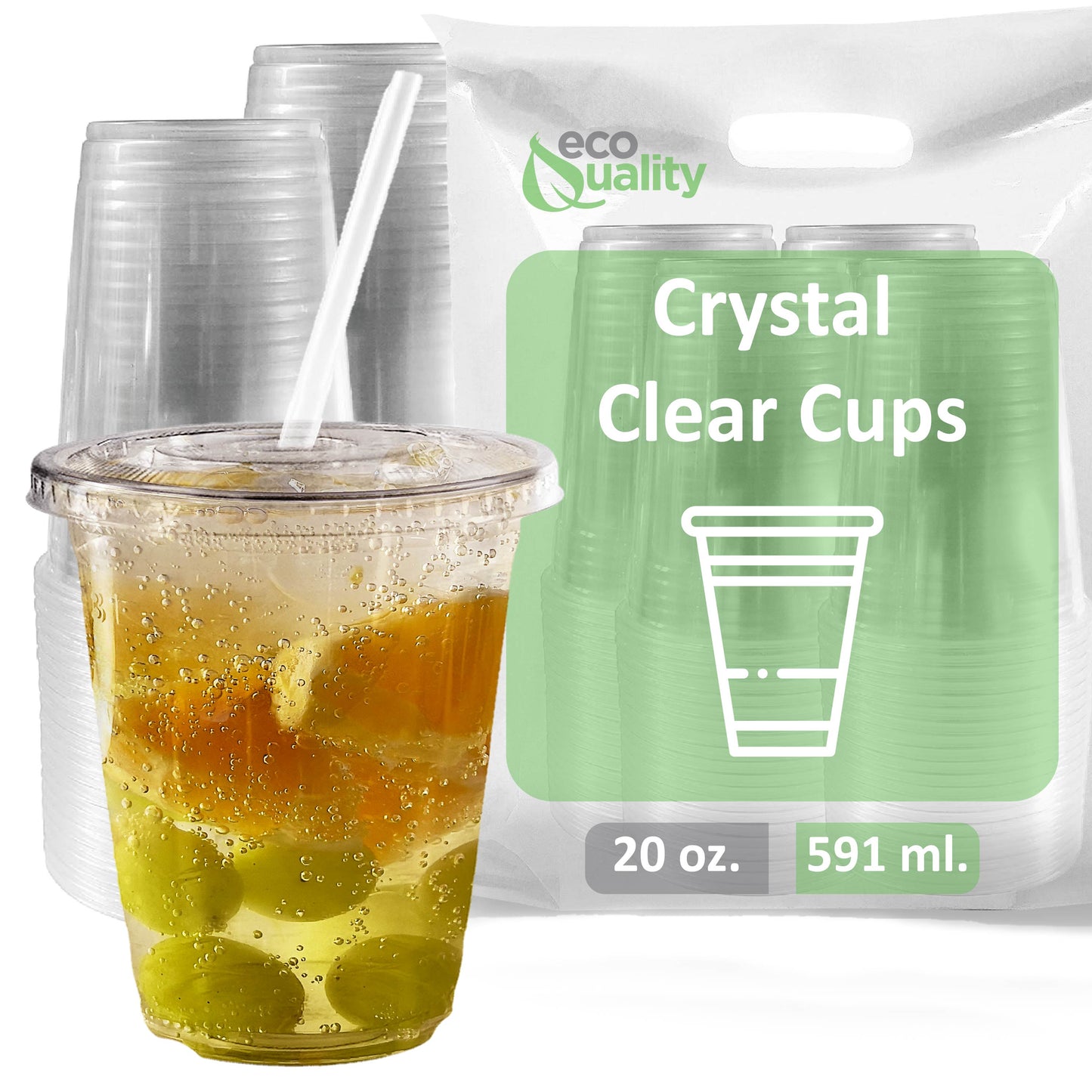 20oz Disposable Pet Clear Plastic Smoothie Cups with Clear Flat Lids and White Straws