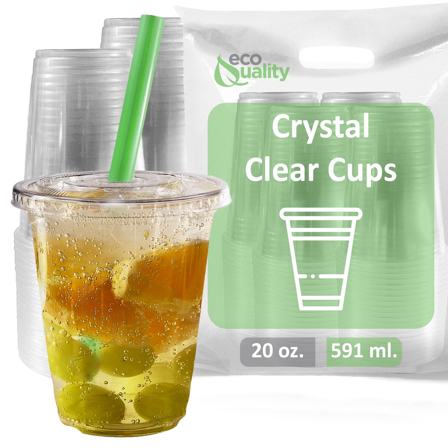 20oz Disposable Pet Clear Plastic Smoothie Cups with Clear Flat Lids and Color Straws