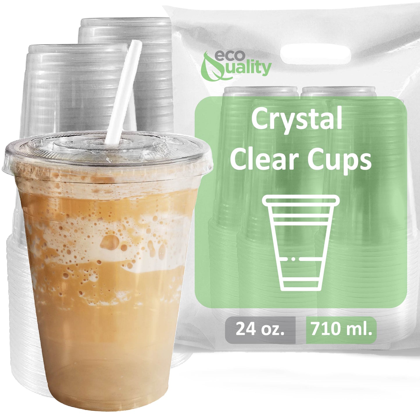 24oz Disposable Pet Clear Plastic Smoothie Cups with Clear Flat Lids and White Straws