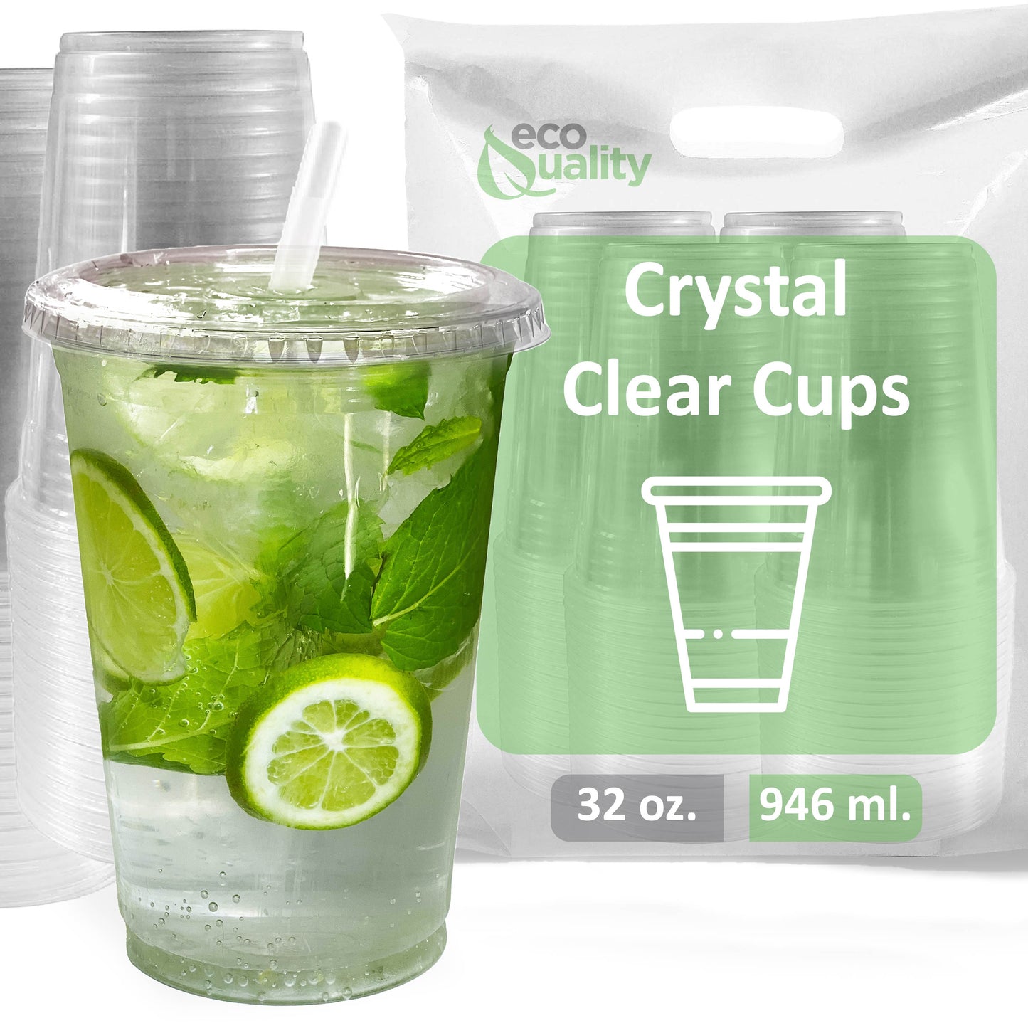 32oz Disposable Pet Clear Plastic Smoothie Cups with Clear Flat Lids with White Straws