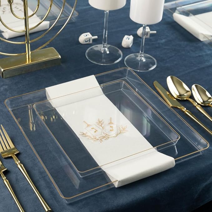 Chanukah Dessert Plate Dinner Plate Clear Gold Plate Holiday Party Hanukkah Disposable Plates Dinner Salad Dessert Plates