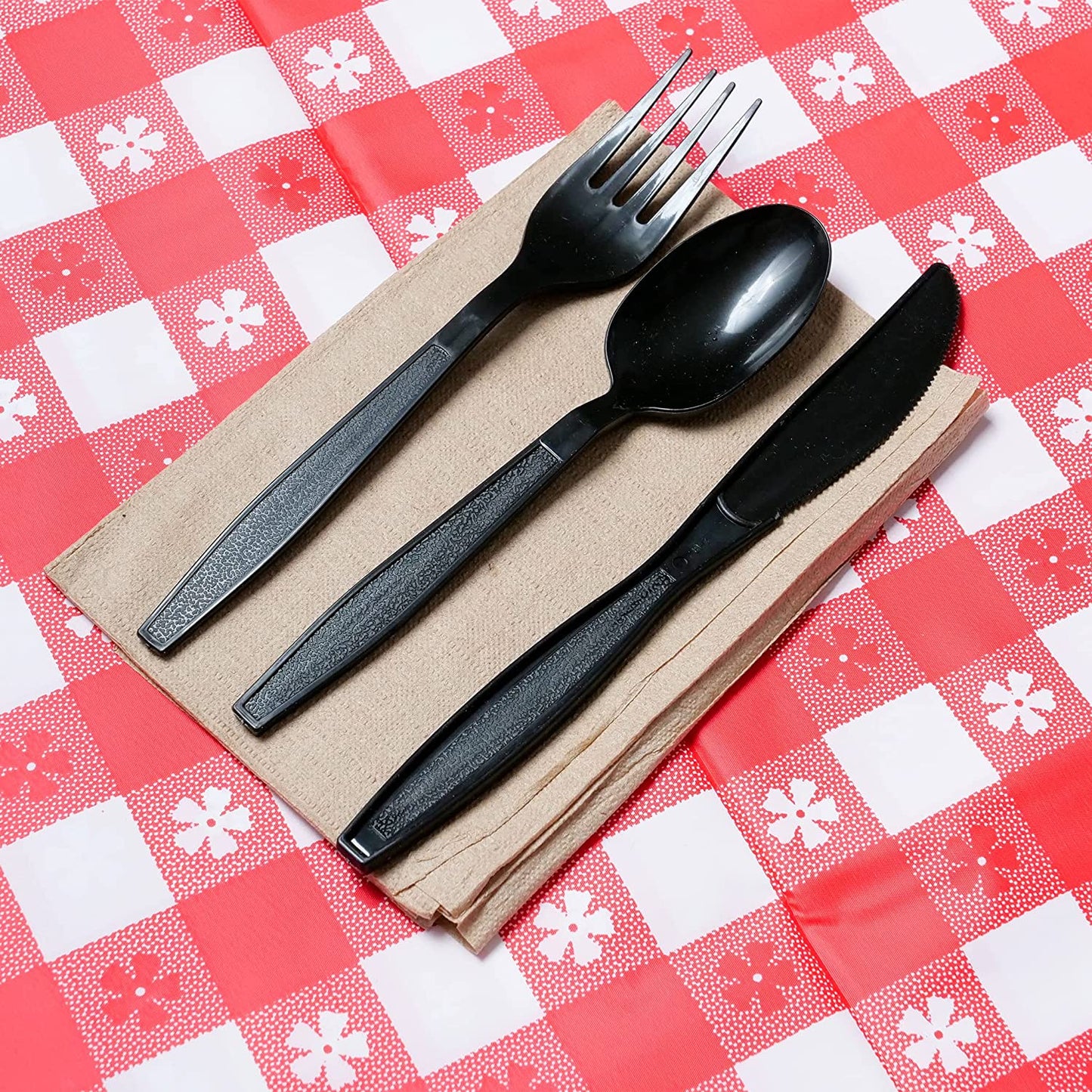 Disposable Wrapped Black Heavy Duty Cutlery Kit 5 in 1 - Fork/Spoon/Knife/Napkin/Salt & Pepper - Disposable Cutlery Kit, Perfect for Lunch, Meal Prep, On the Go, To go, Catering and Restaurants