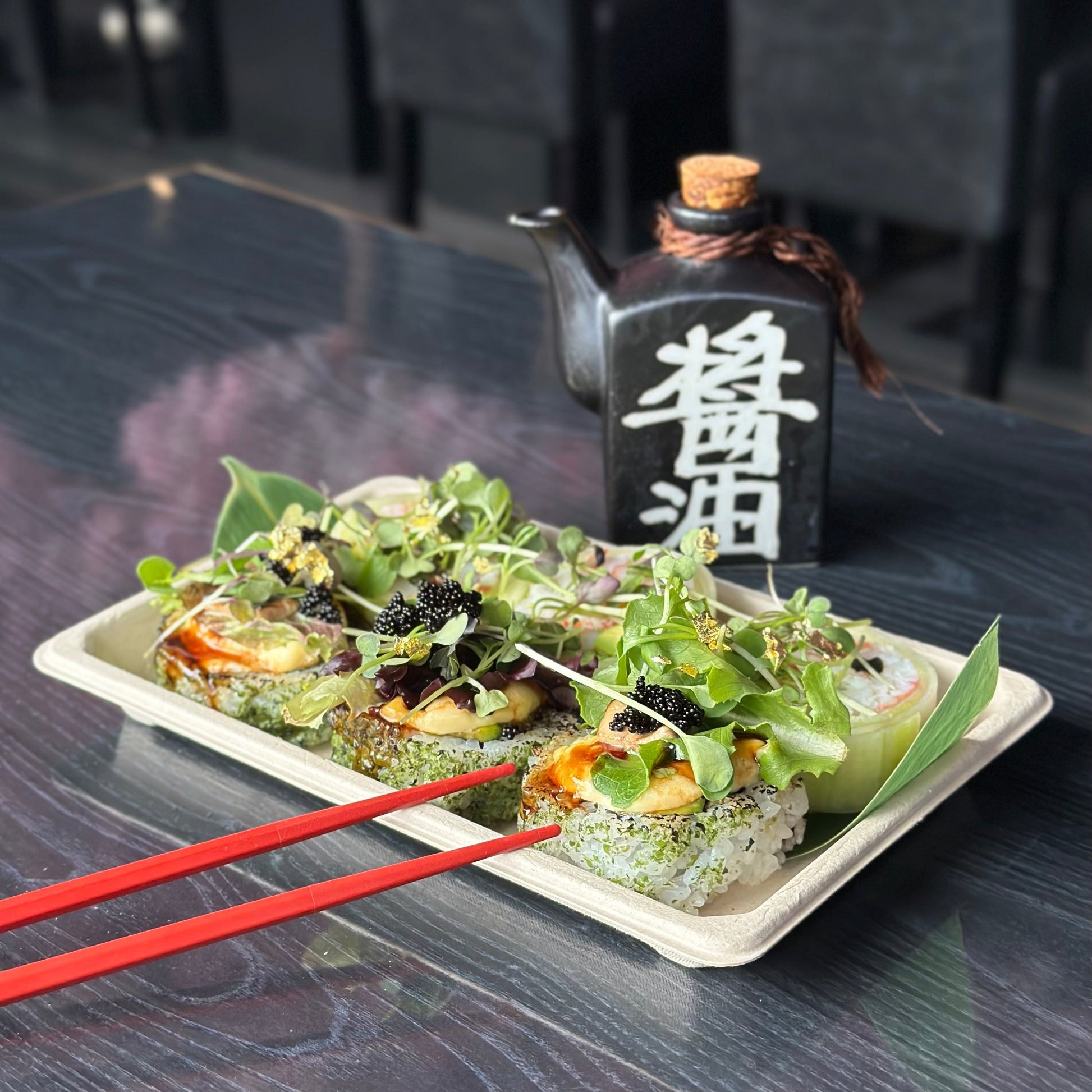 Compostable Packaging, Sustainable Sushi Tray, Eco-Friendly Food Packaging, Biodegradable Sushi Platter, Green Packaging Solution, Environmentally Friendly Tray, Zero-Waste Sushi Packaging, Bioplastics Sushi Tray, Earth-Friendly Sushi Container, Organic Waste Composting, Biodegradable Food Service, Natural Fiber Sushi Platter, Eco-conscious Sushi Packaging, Compostable Takeout Container