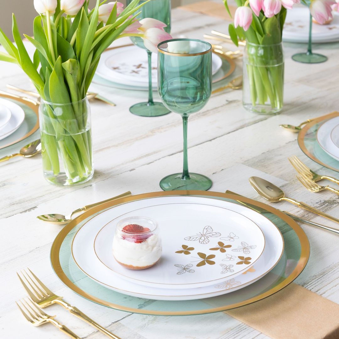 Plastic Tableware White Gold Butterfly Collection Dinner Party Set