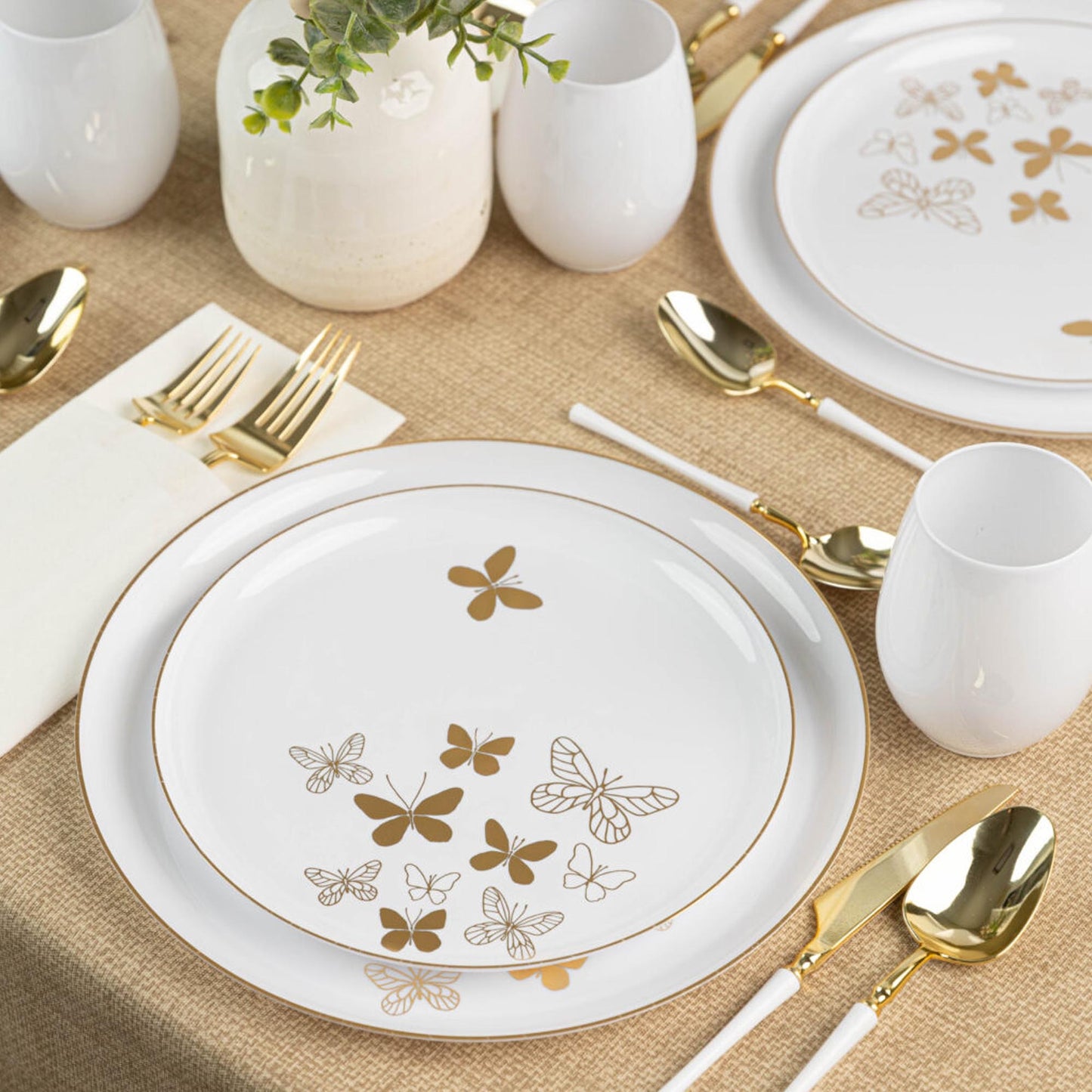 Plastic Tableware White Gold Butterfly Collection Dinner Party Set