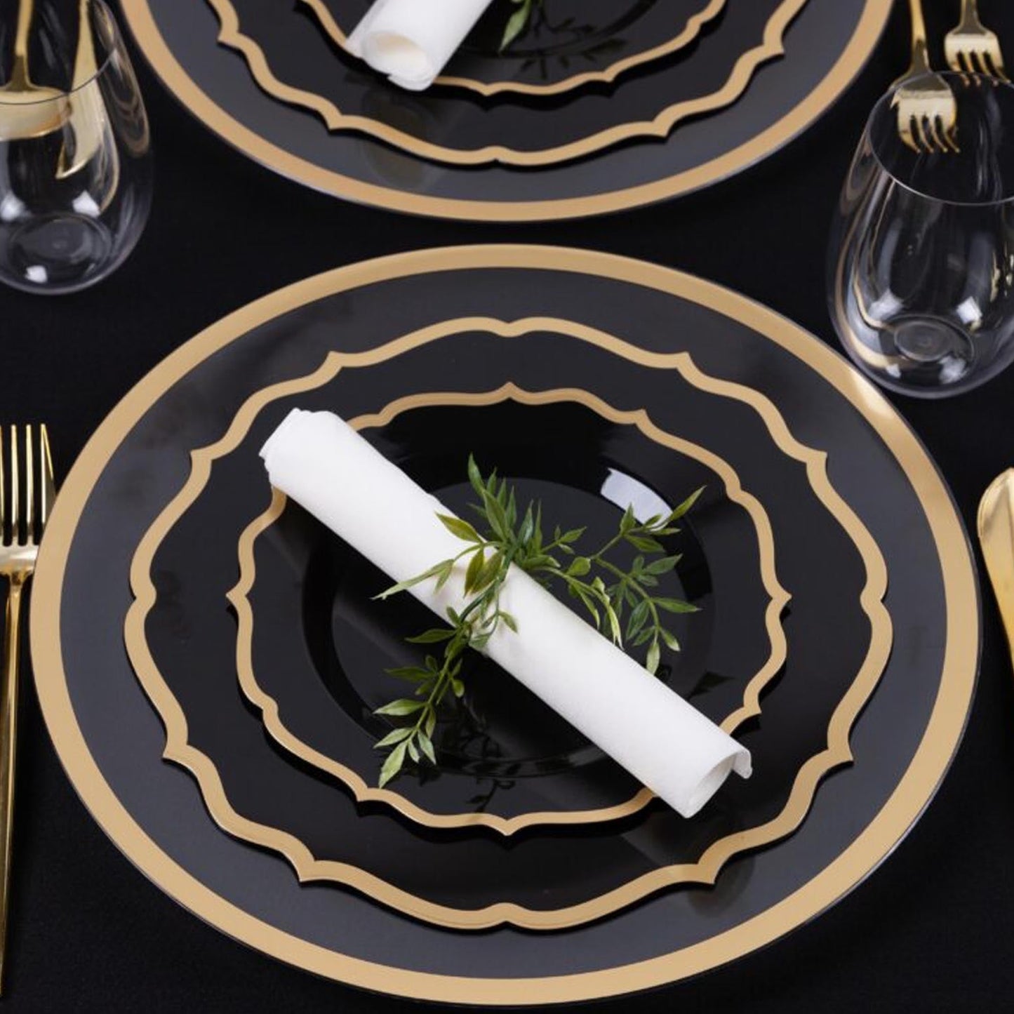 10.5" Disposable Fancy Black Plastic Dinner Plates Gold Rim Contemporary Collection