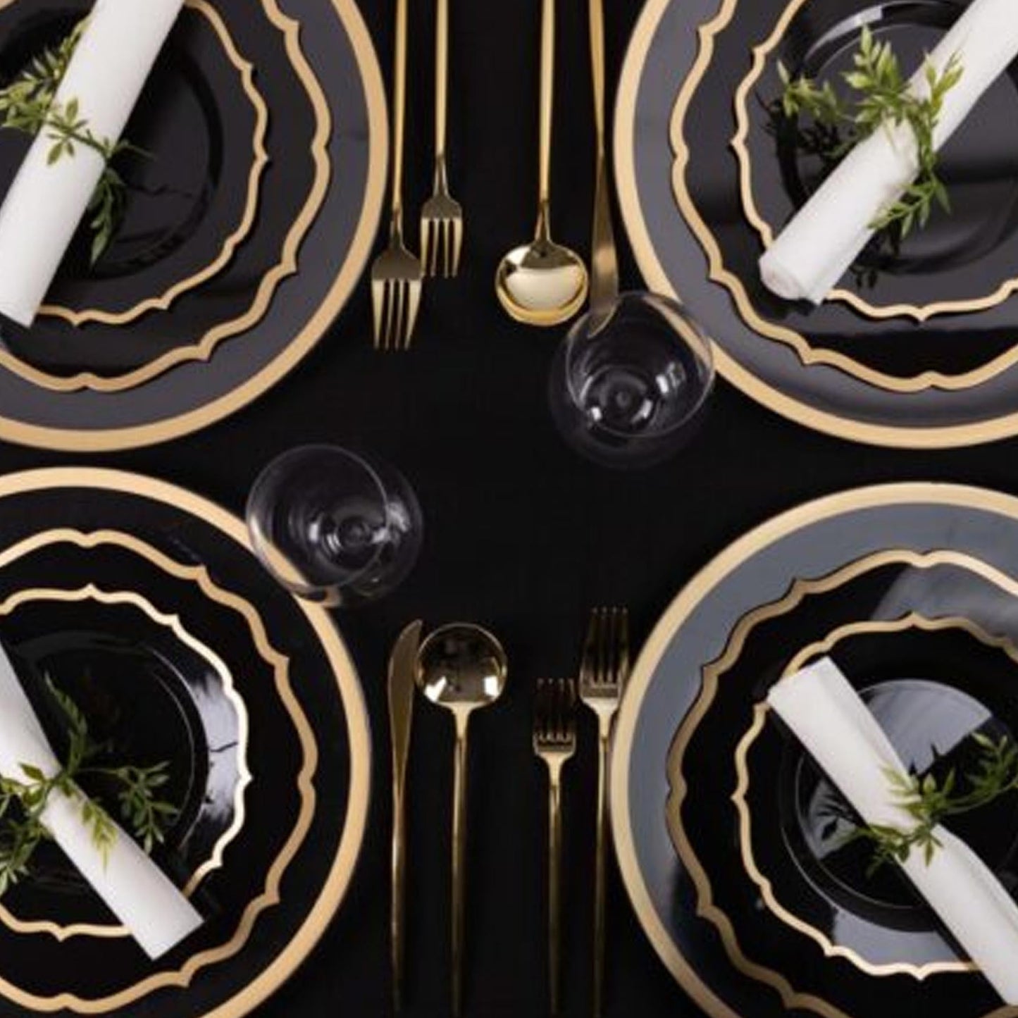 7.5" Disposable Fancy Black Plastic Salad Plates Gold Rim Contemporary Collection
