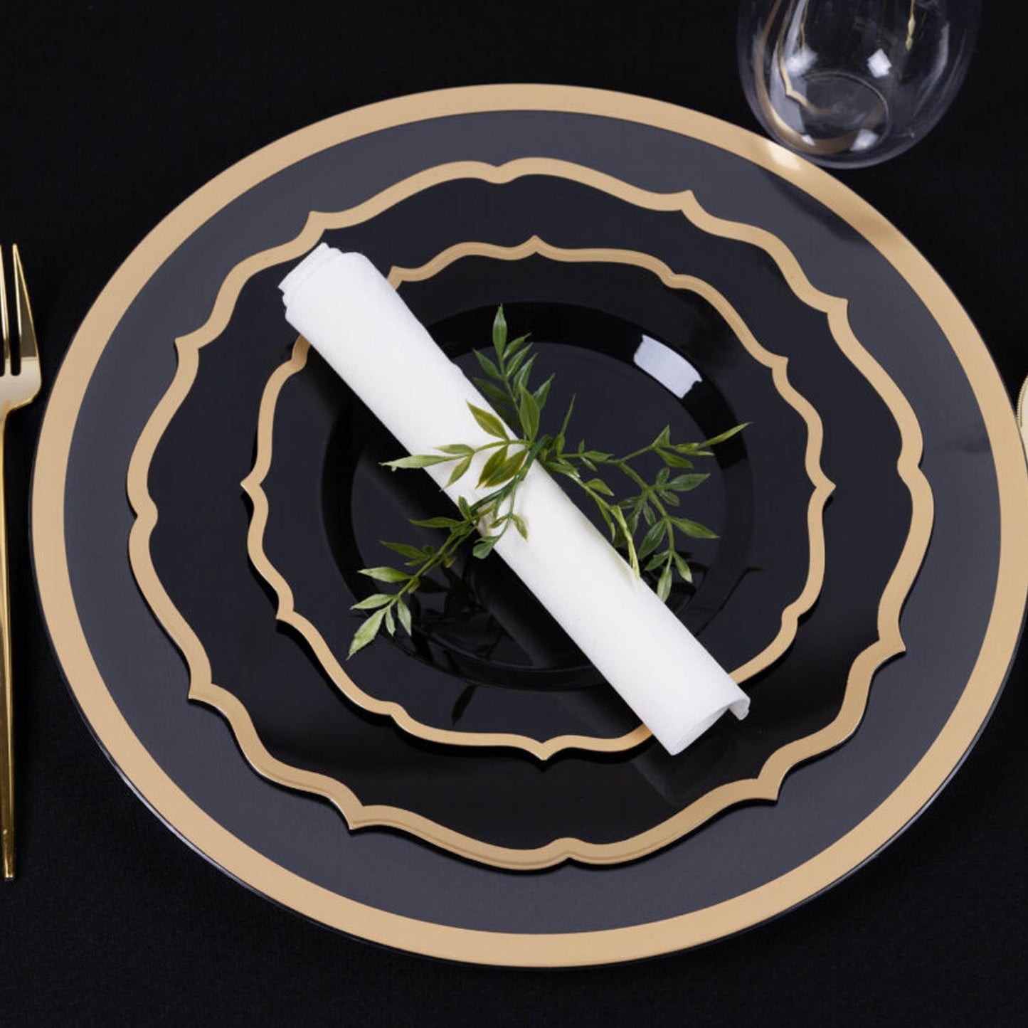 7.5" Disposable Fancy Black Plastic Salad Plates Gold Rim Contemporary Collection