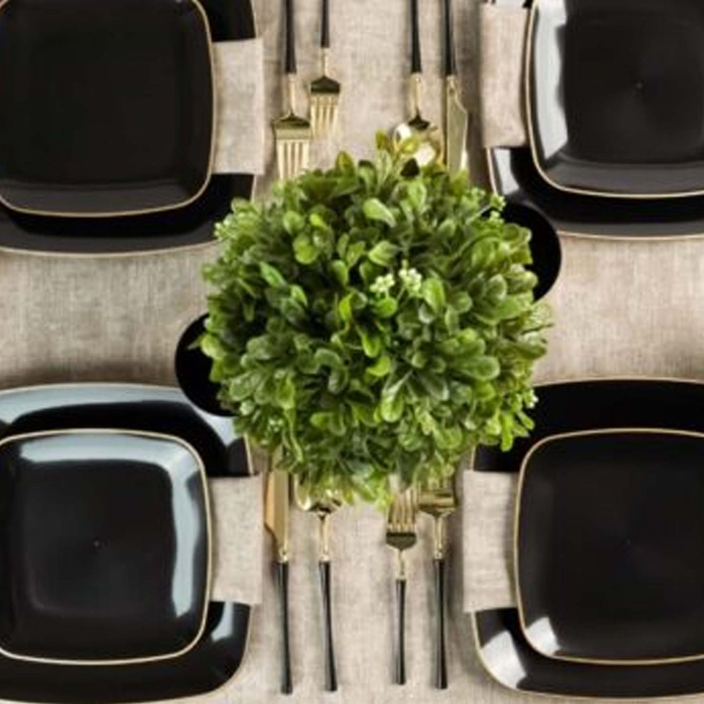 6" Disposable Fancy Square Black Plastic Dessert Plates Gold Rim Organic Collection