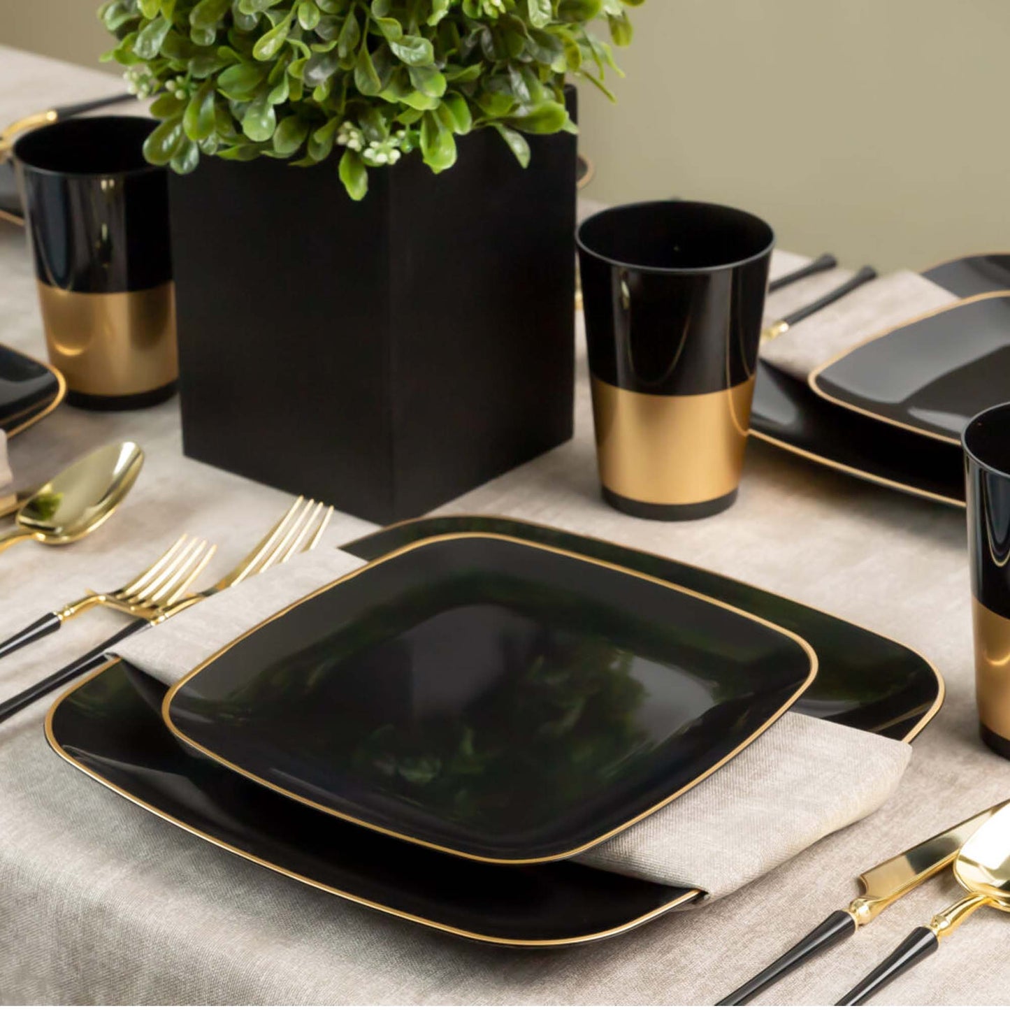 6" Disposable Fancy Square Black Plastic Dessert Plates Gold Rim Organic Collection