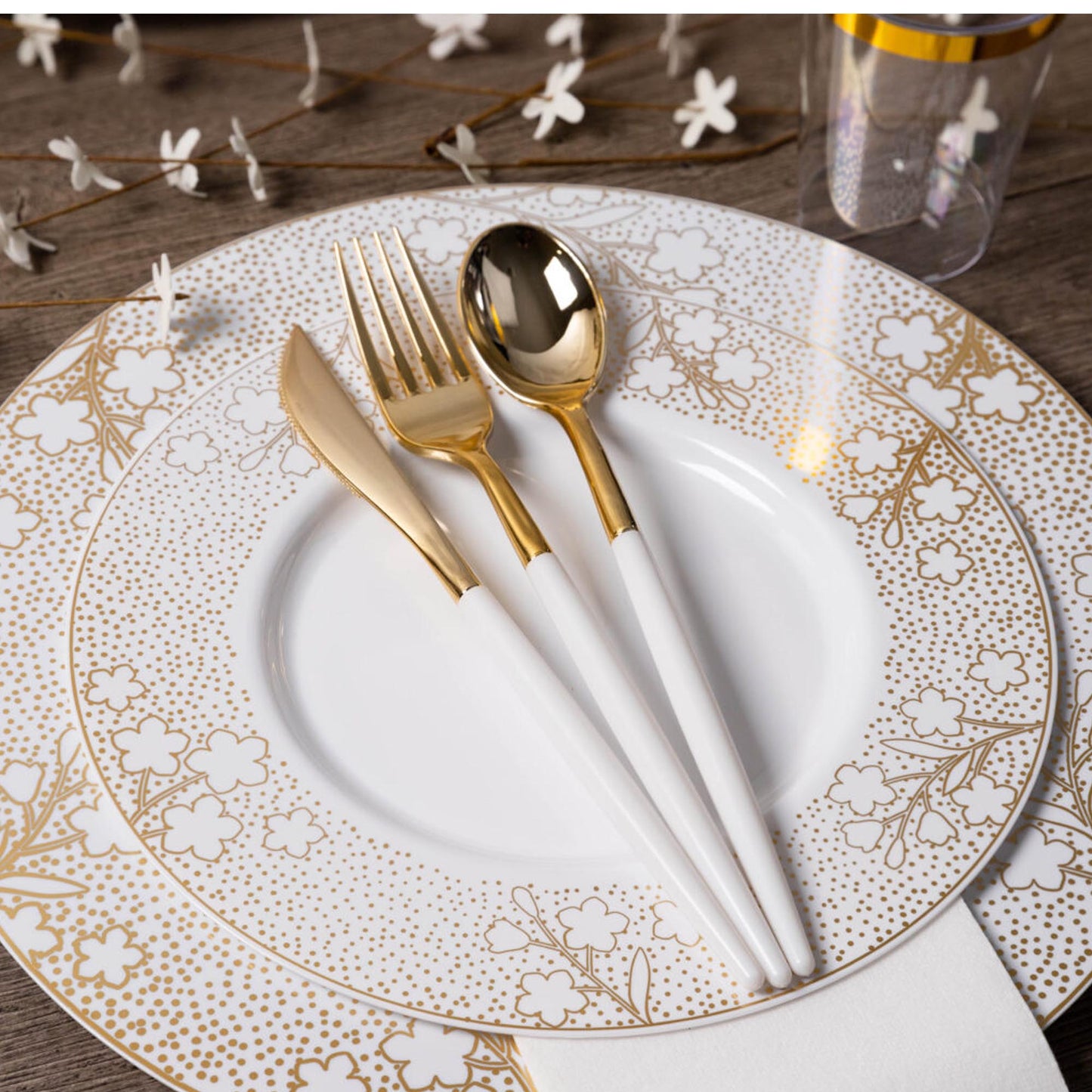 11.7" Disposable Fancy Plastic White Dinner Plates Gold Cherry Blossom Collection