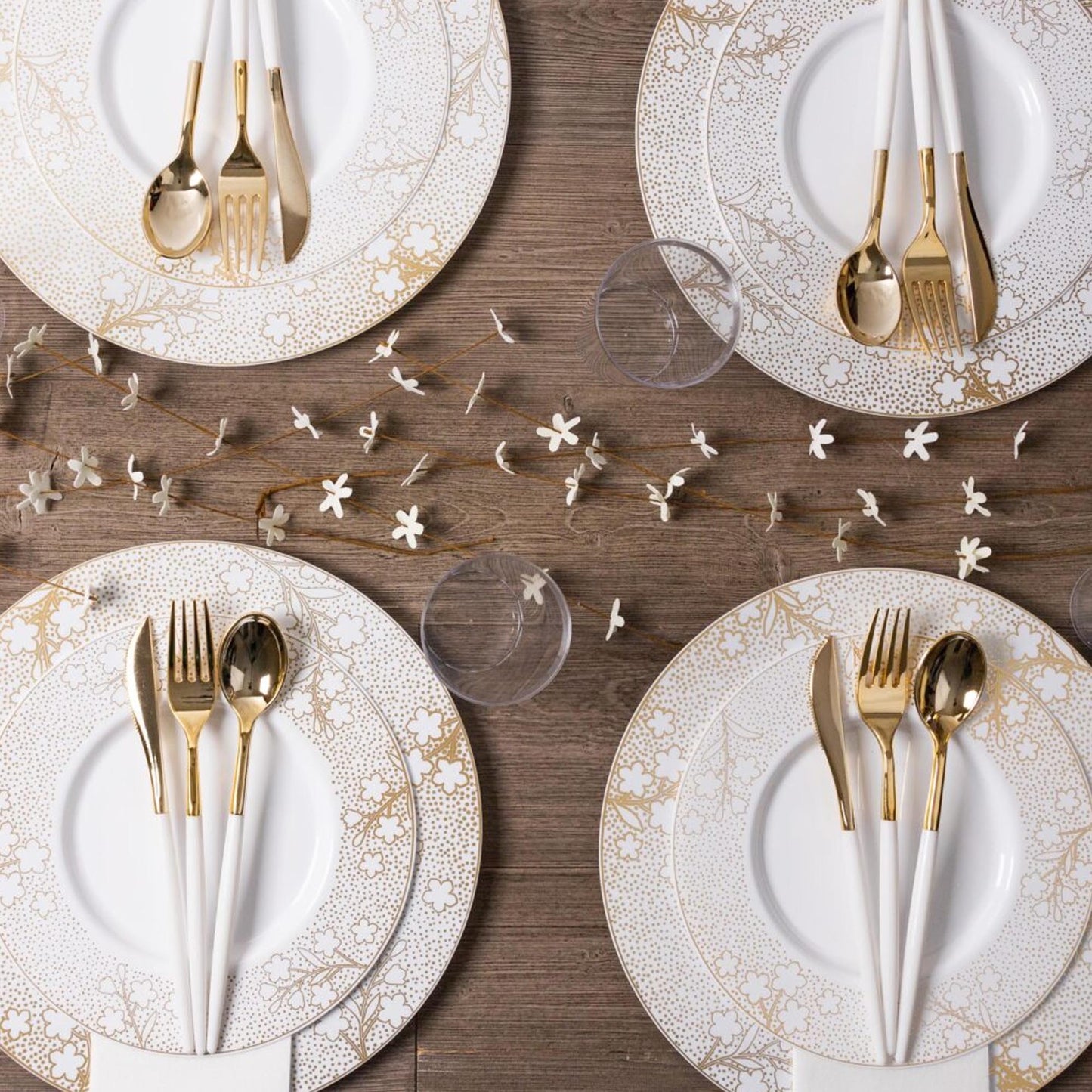 11.7" Disposable Fancy Plastic White Dinner Plates Gold Cherry Blossom Collection