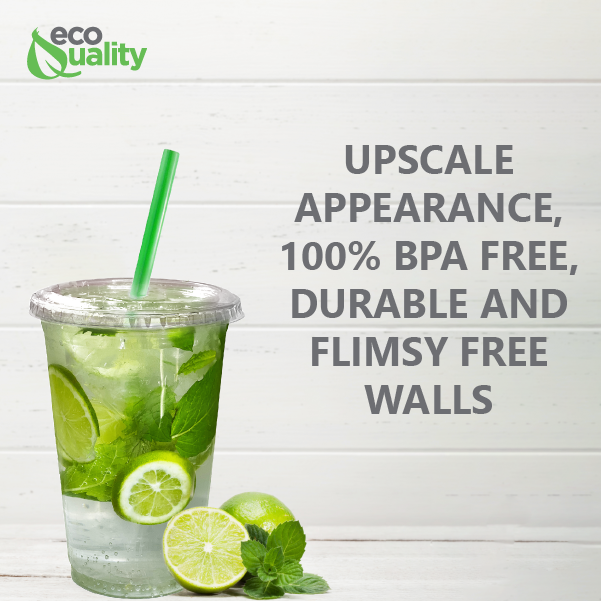 Disposable Pet Clear Plastic Smoothie Cups with Clear Flat Lids and Color Straws