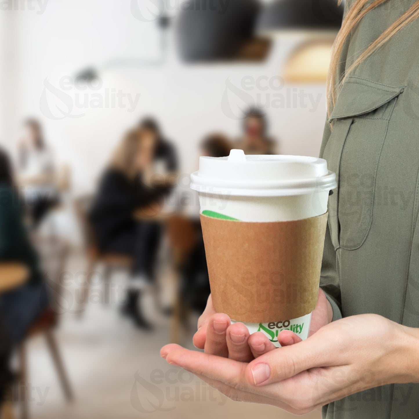 10oz Disposable Compostable Biodegradable White Paper Coffee Cups with White Dome Lids and Sleeves