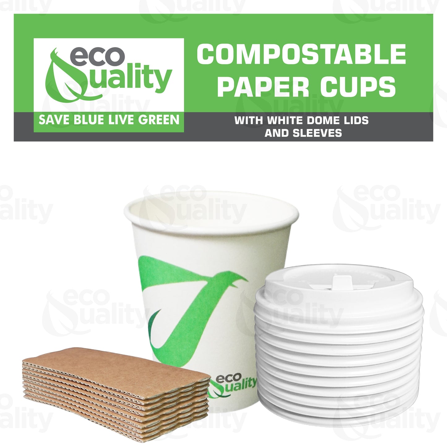 10oz Disposable Compostable Biodegradable White Paper Coffee Cups with White Dome Lids and Sleeves