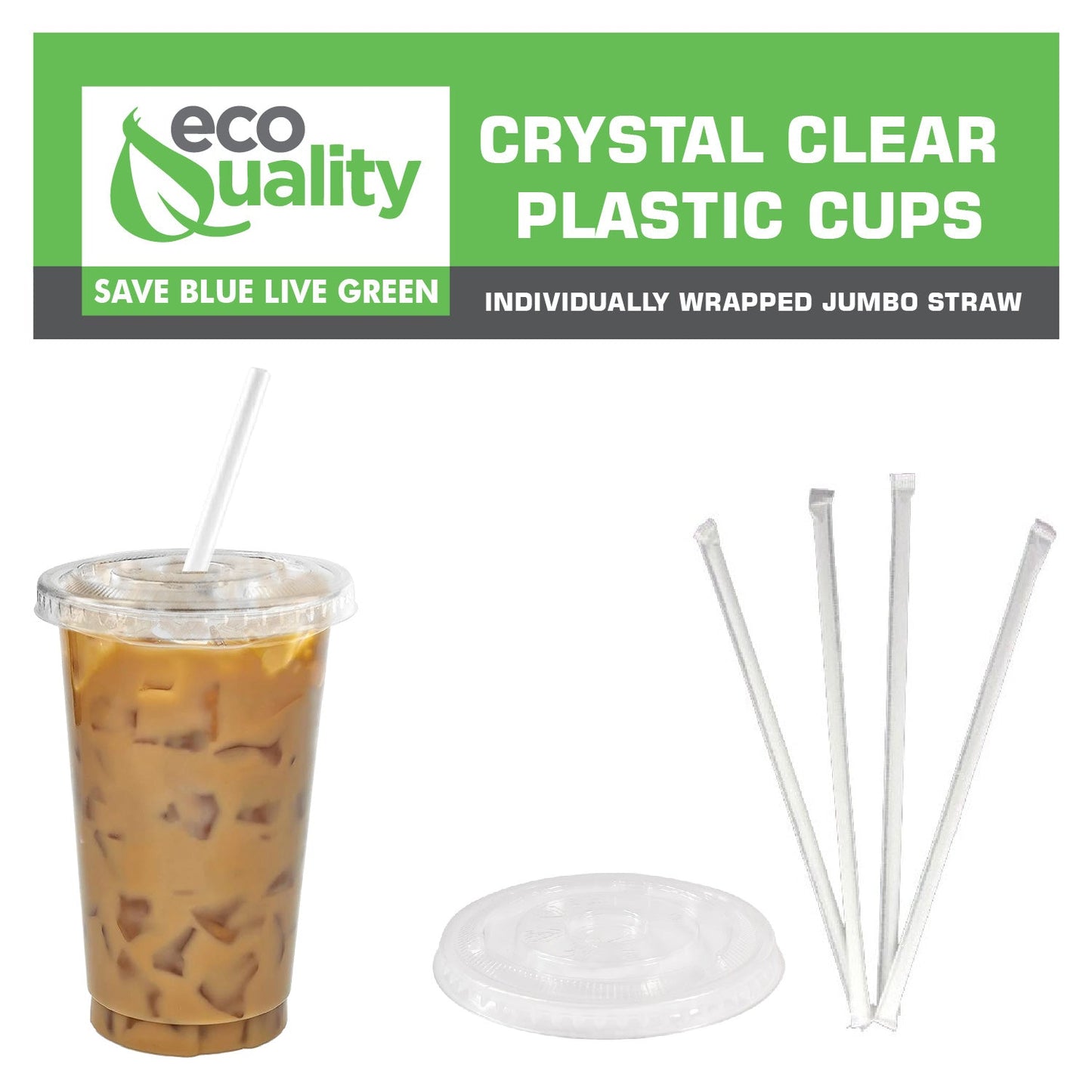 10oz Disposable Pet Clear Plastic Smoothie Cups with Clear Flat Lids and White Straws
