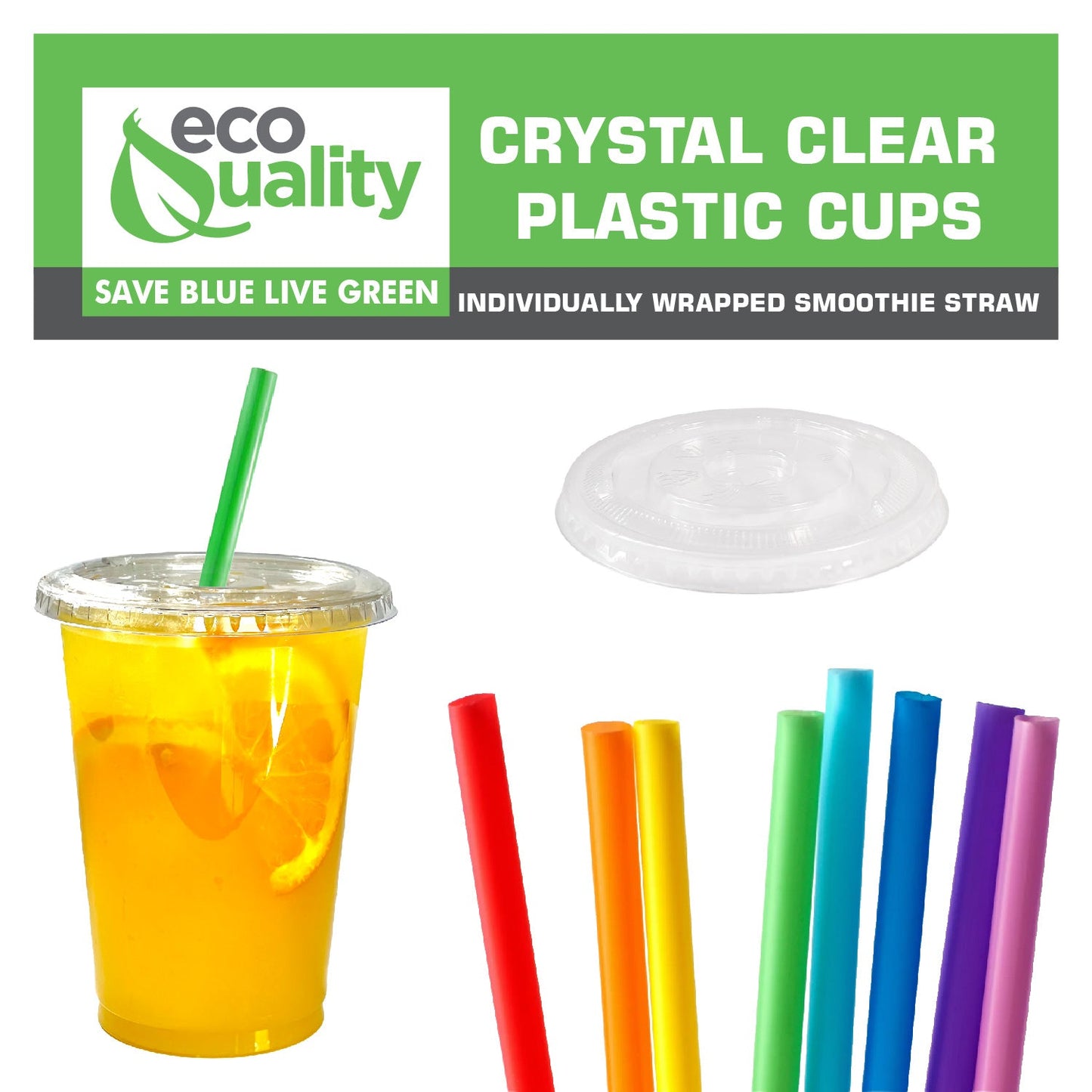 14oz Disposable Pet Clear Plastic Smoothie Cups Clear Flat Lids with Color Straws