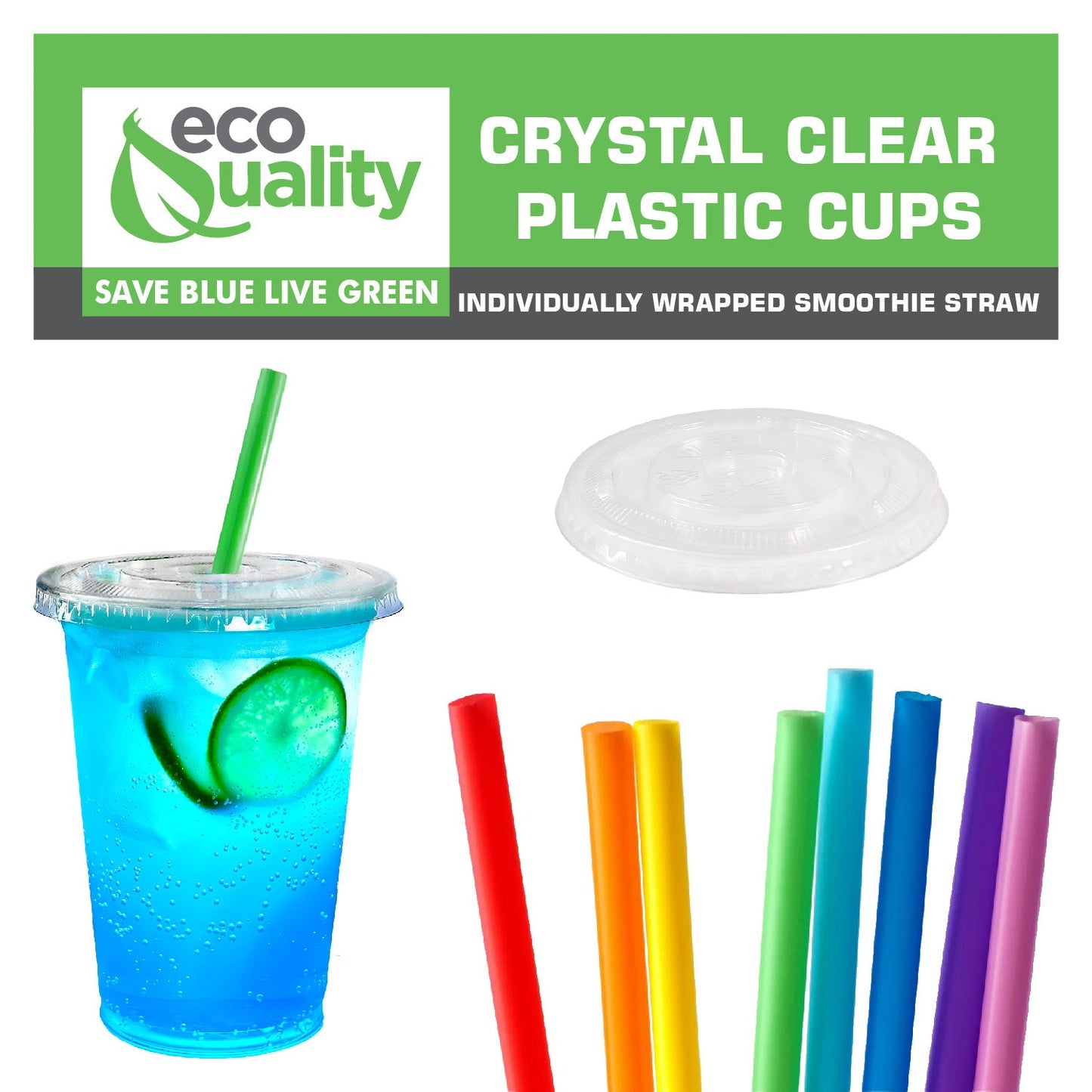 16oz Disposable Pet Clear Plastic Smoothie Cups with Clear Flat Lids and Color Straws