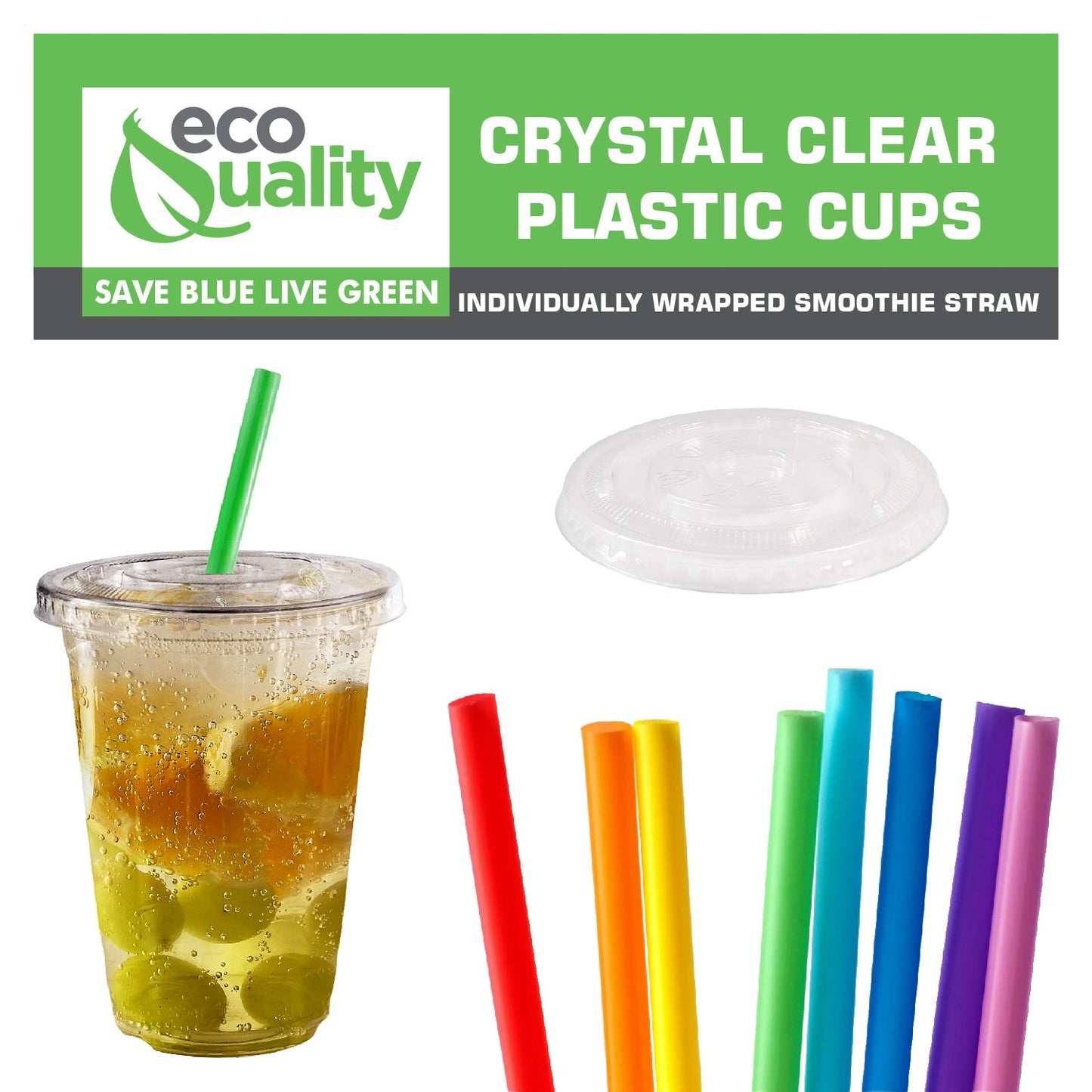 20oz Disposable Pet Clear Plastic Smoothie Cups with Clear Flat Lids and Color Straws
