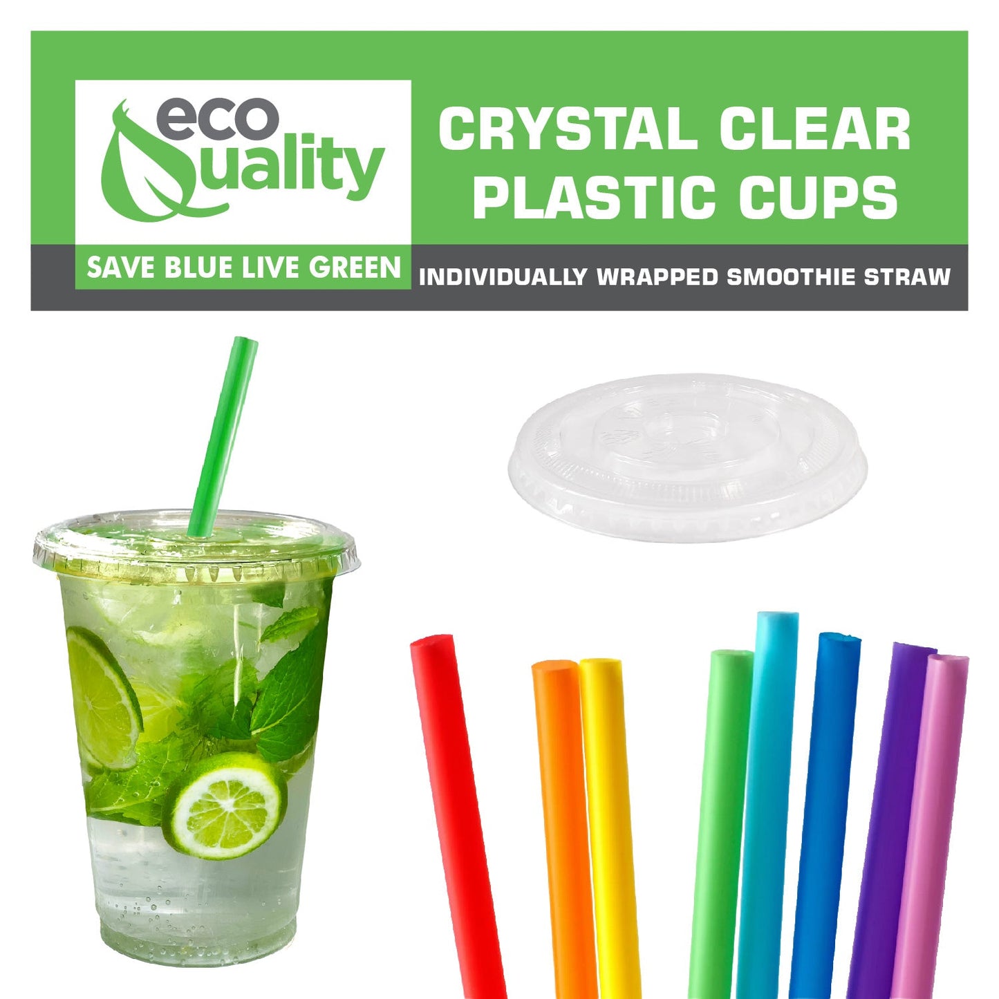 32oz Disposable Pet Clear Plastic Smoothie Cups with Clear Flat Lids with Color Straws