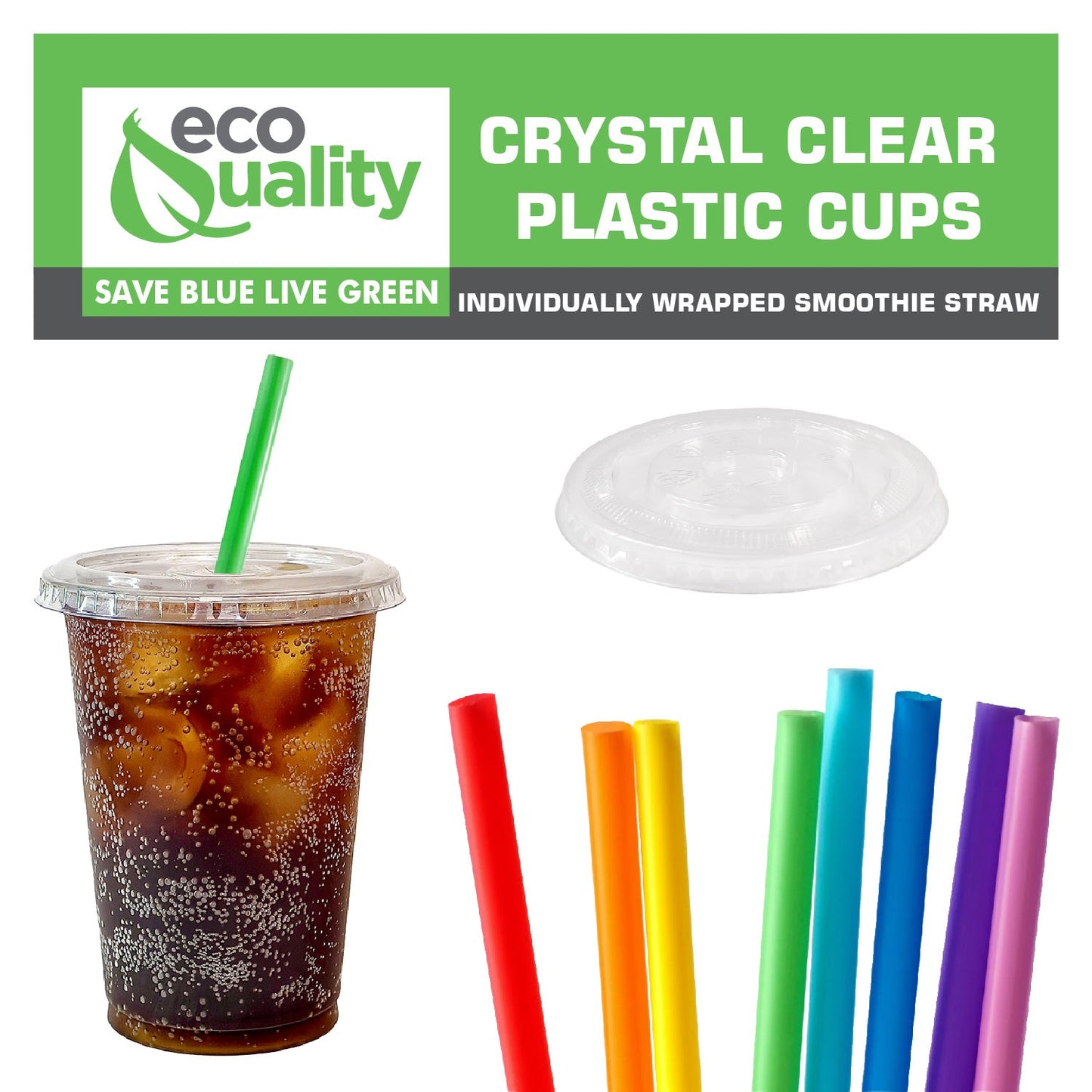 Disposable Pet Clear Plastic Smoothie Cups with Clear Flat Lids and Color Straws