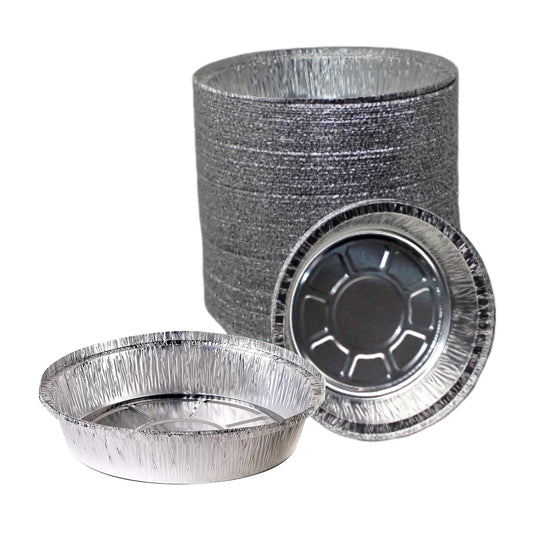 Restaurant Meal Prep Food Trucks Caterers Buffet serve Cold hot food affordable bulk economical commercial wholesale freezer safe reusable recyclable High Quality Recyclable Aluminum Take out to go container tin Round Foil Aluminum Pan ecoquality Baking Oven Cake Supplies heavy duty strong sturdy dinner lunch breakfast  entrees, appetizers, sides, or even desserts container hemmed edges silver stackable round leak proof  7 inches diameter 22 fluid ounces oz
